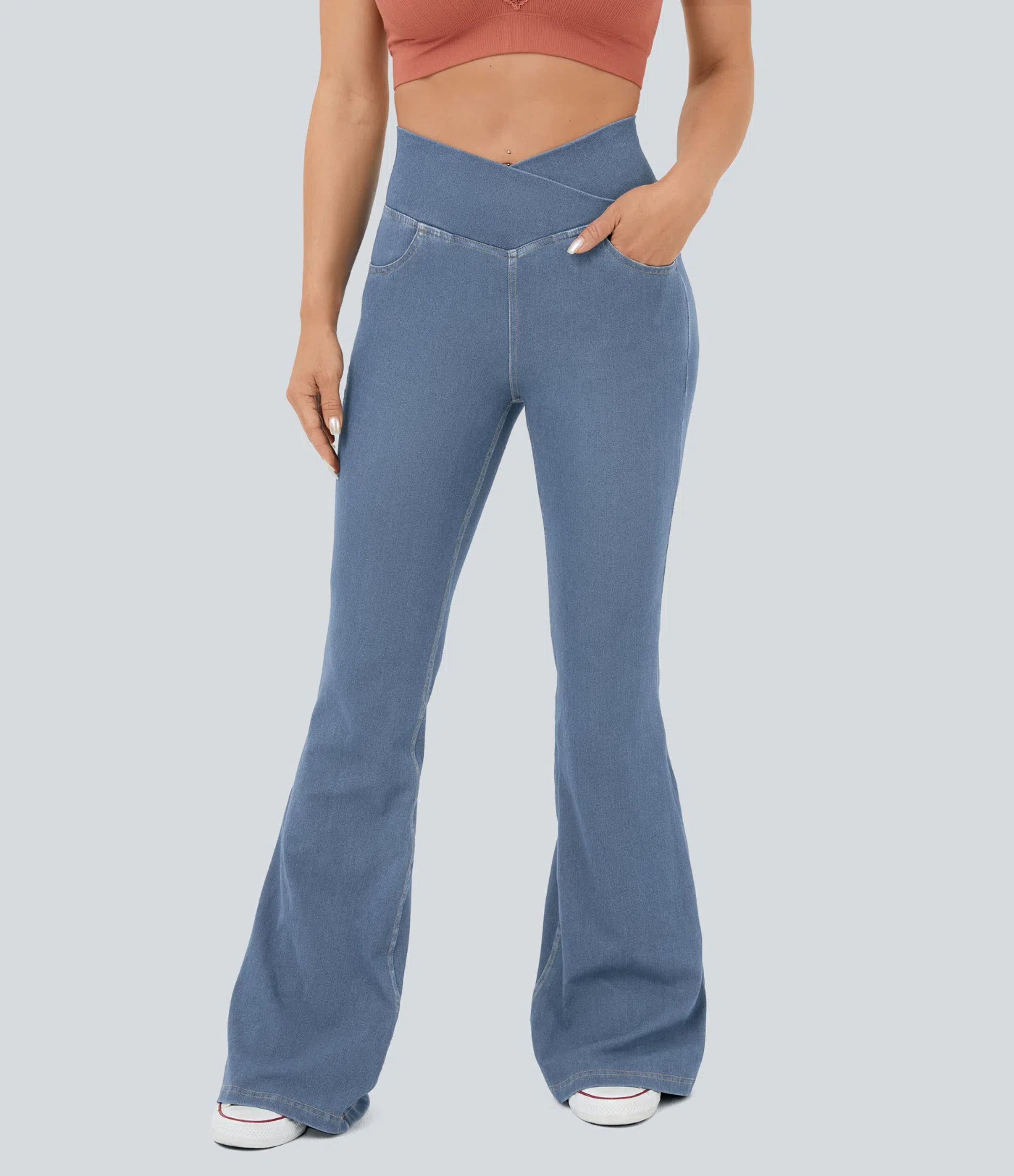 Pastel Blue Denim Halara Flex™ High Waisted Crossover Pocket InstantCool Washed Casual Jeans / 2