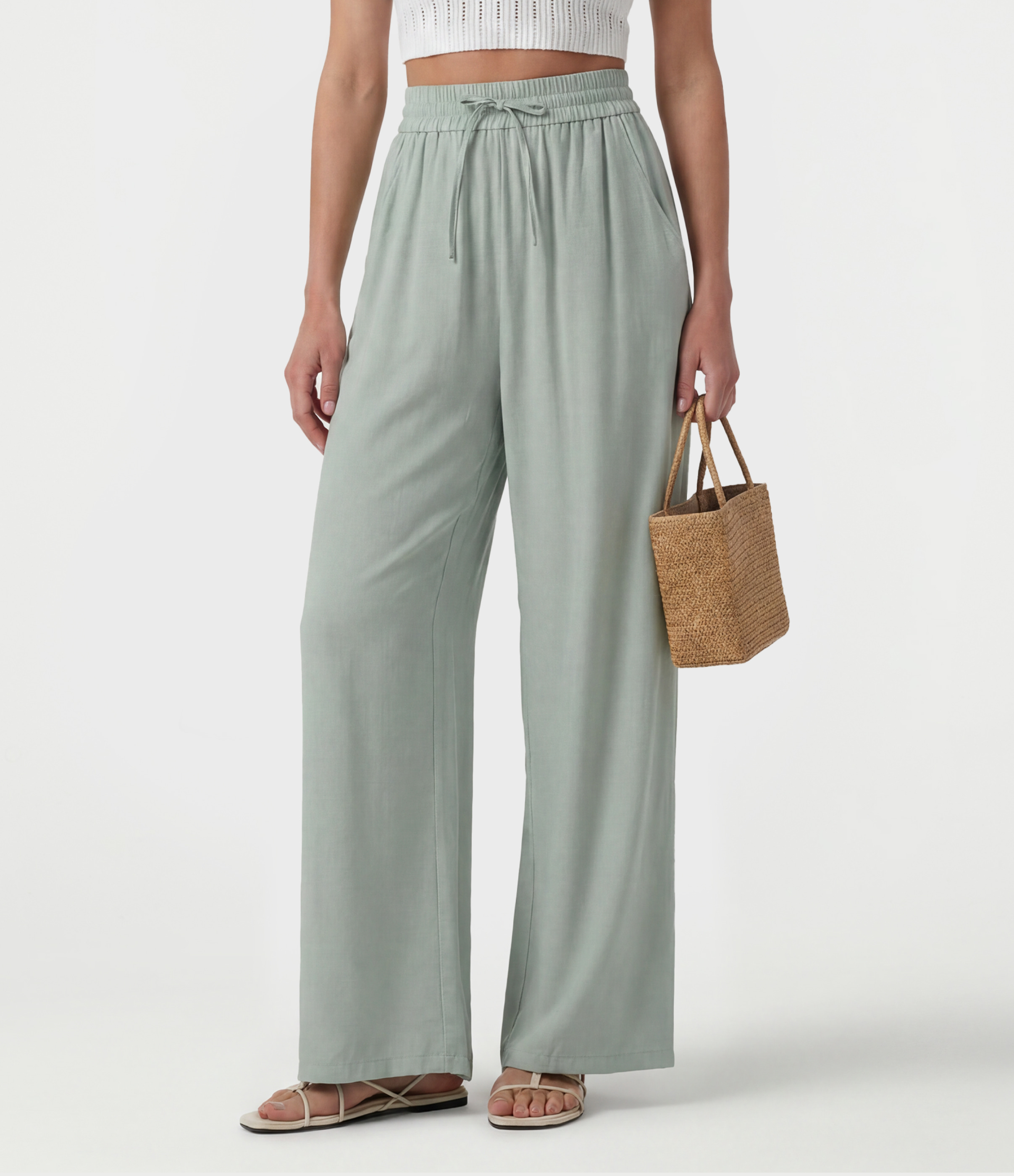 Pantalon casual large mélange lin taille haute avec cordon de serrage et poches