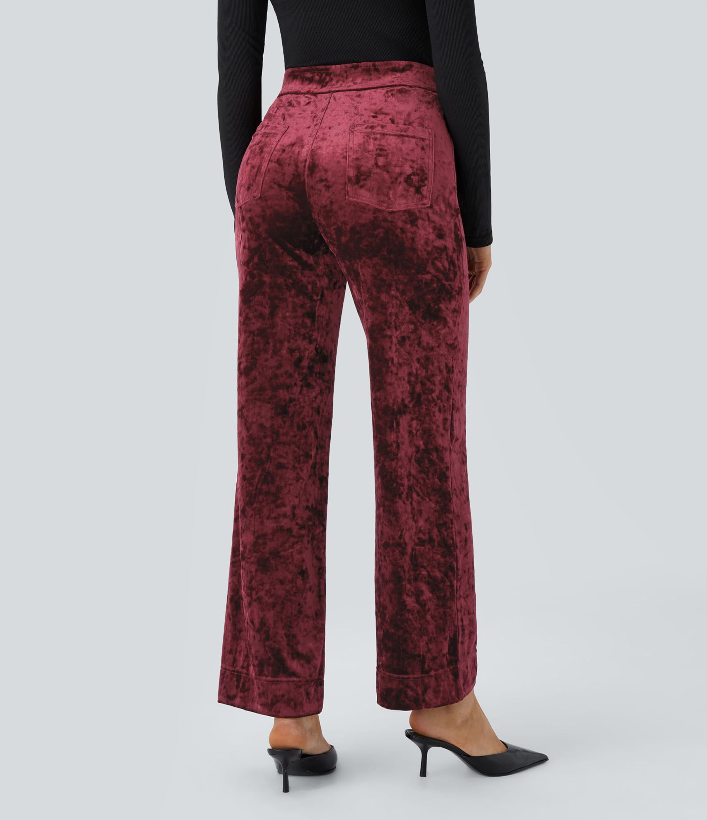 Burgundy Hoch geschnittene Samt-Freizeithose mit Taschen und geradem Bein / 2