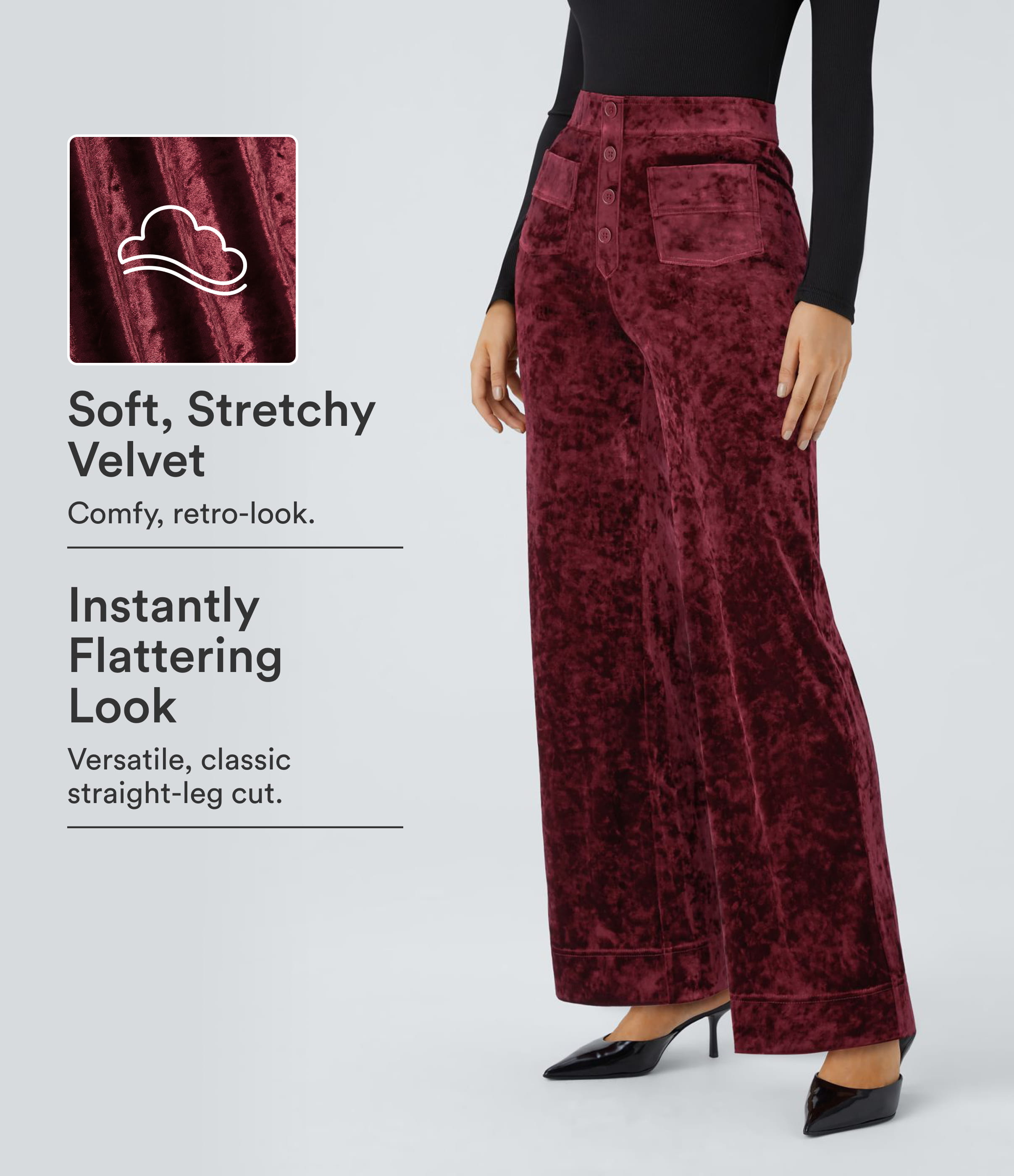 Burgundy Hoch geschnittene Samt-Freizeithose mit Taschen und geradem Bein / 1