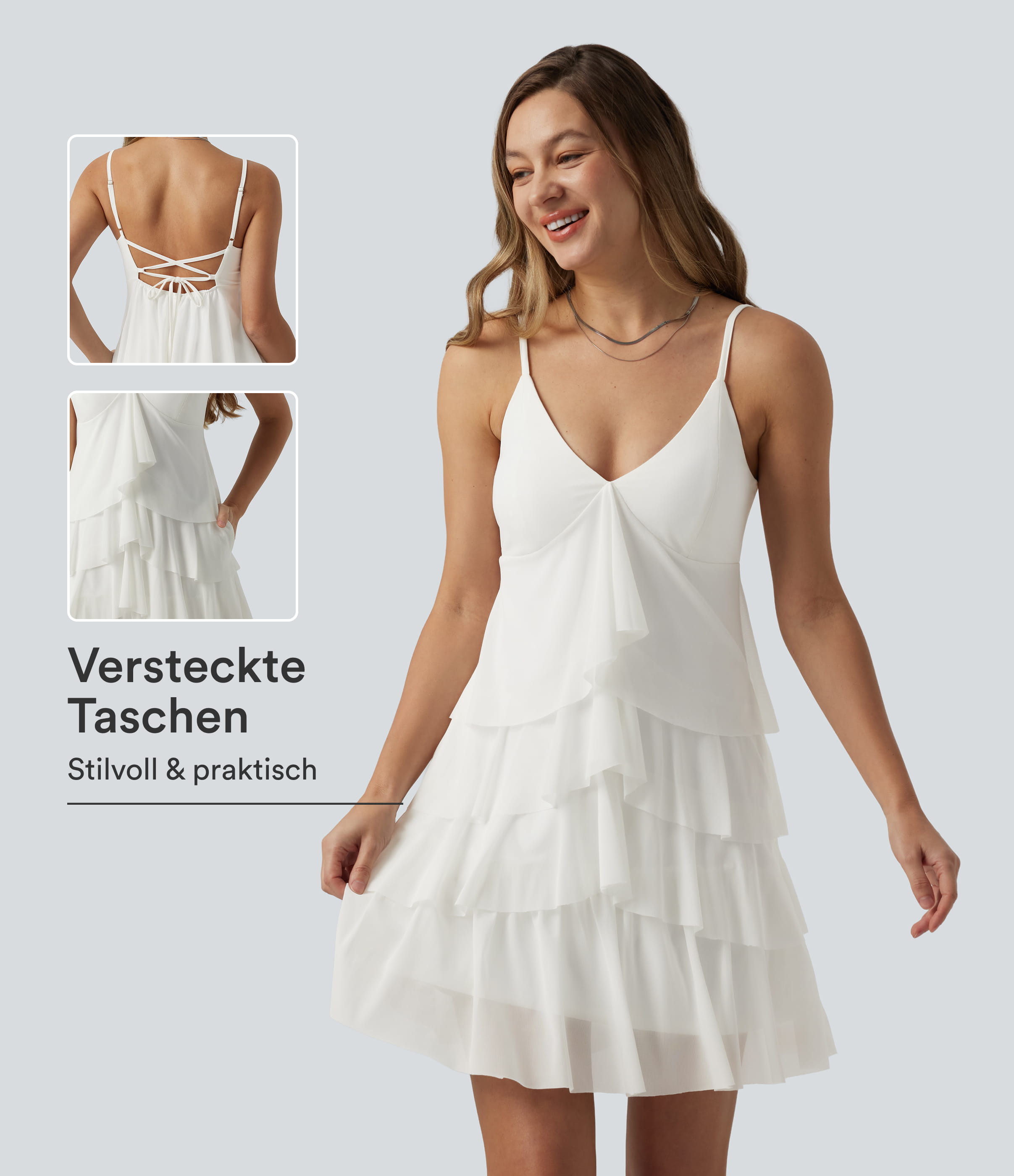 Lässiges, rückenfreies Minikleid mit Taschen, integriertem BH, überkreuztem Rückendesign und Stufen-Design
