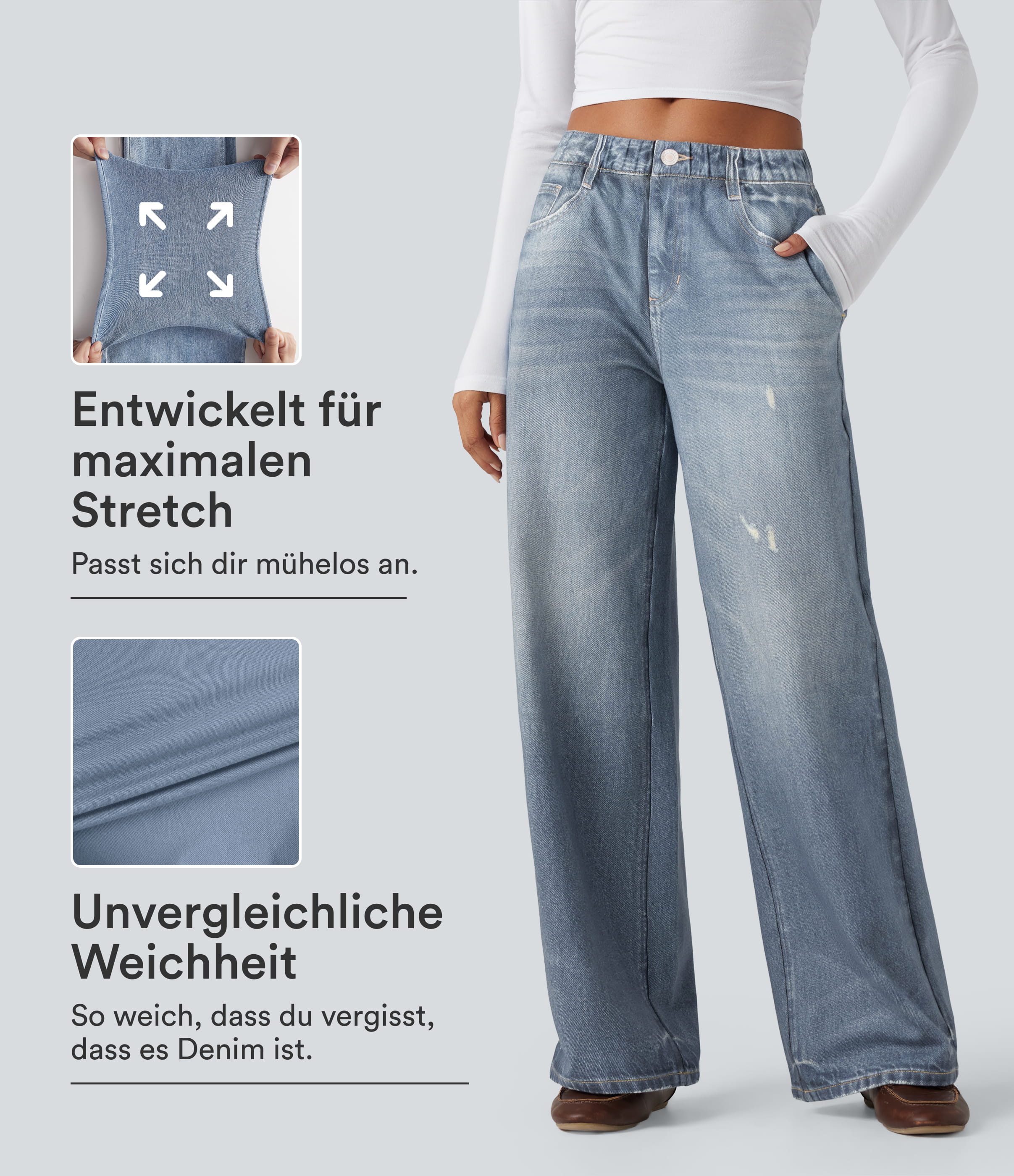 Light Ocean Denim Halara Flex™ - Lässige Baggy-French-Terry-Denimjoggers mit mittelhohem Bund, Seitentaschen und weitem Bein / 1