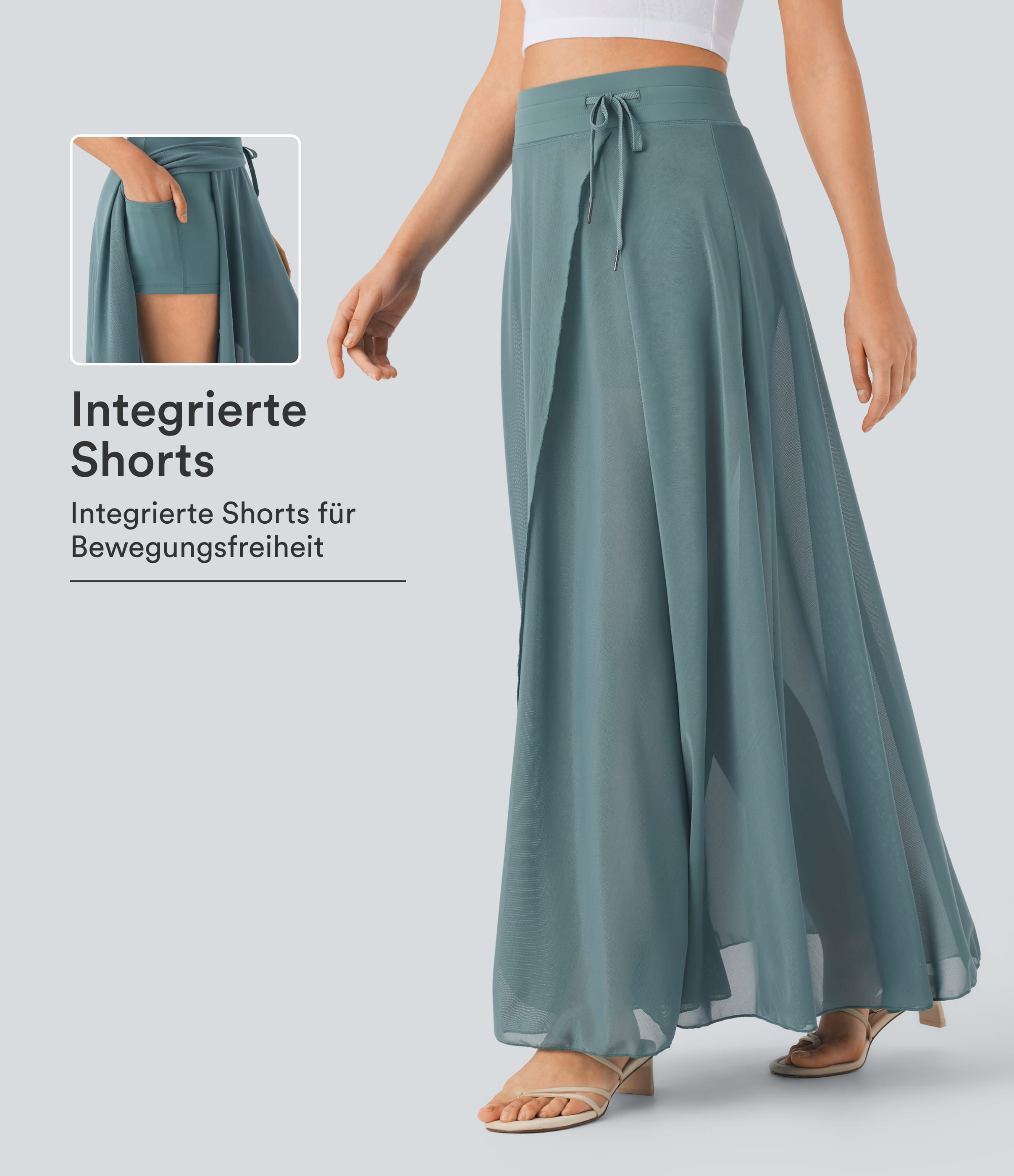 Fließender 2-in-1 Maxi-Flare-Freizeitrock mit hohem Bund, Seitentaschen und kontrastierendem Netzstoff
