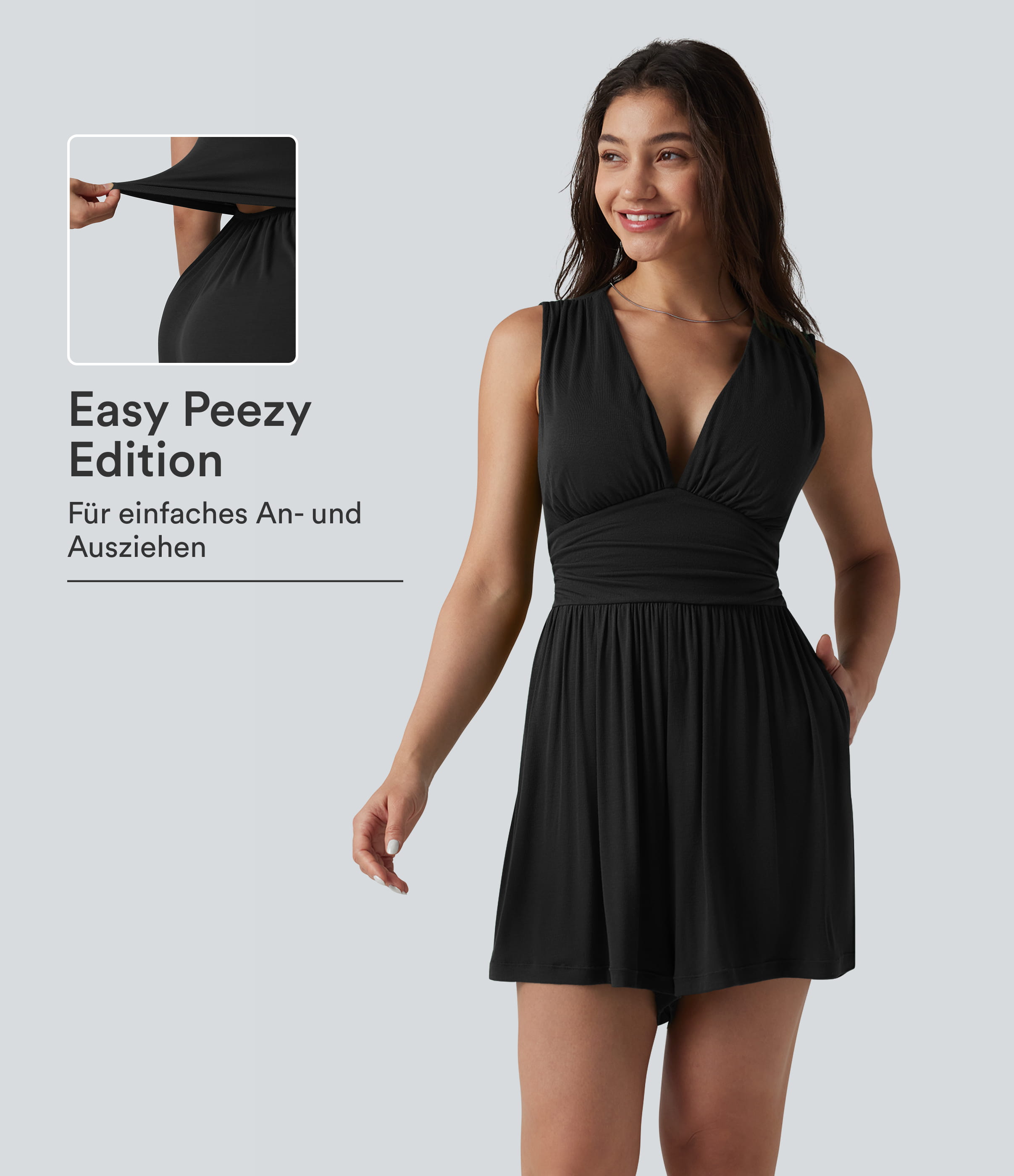 Ärmelloser, gerippter Jumpsuit mit V-Ausschnitt, Seitentaschen und integriertem BH - Easy Peezy