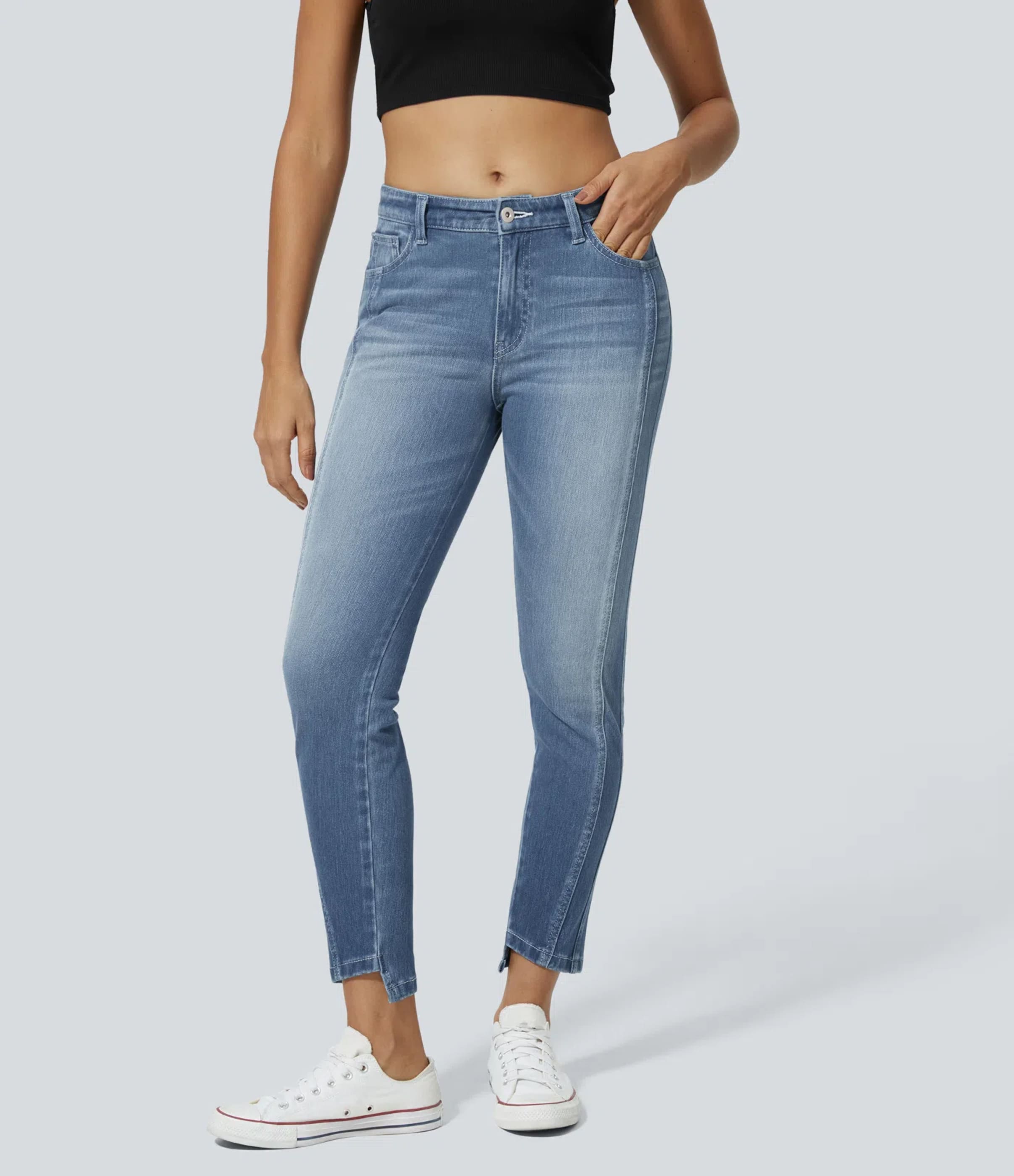 Sea Blue Denim Halara Flex™ Mid Low Rise Zipper Pockets Casual Skinny Jeans / 2