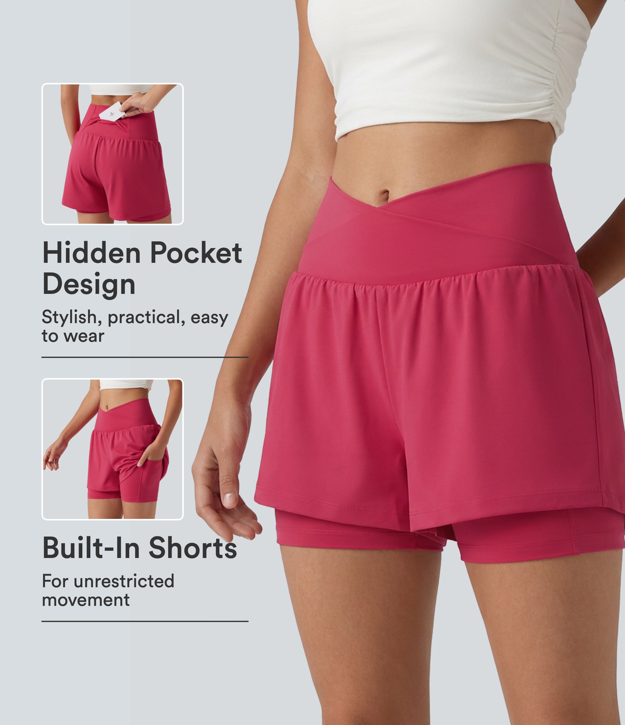 SoftlyZero™ Airy High Waisted Crossover 2-in-1 InstantCool Yoga Shorts 5'' with Pockets