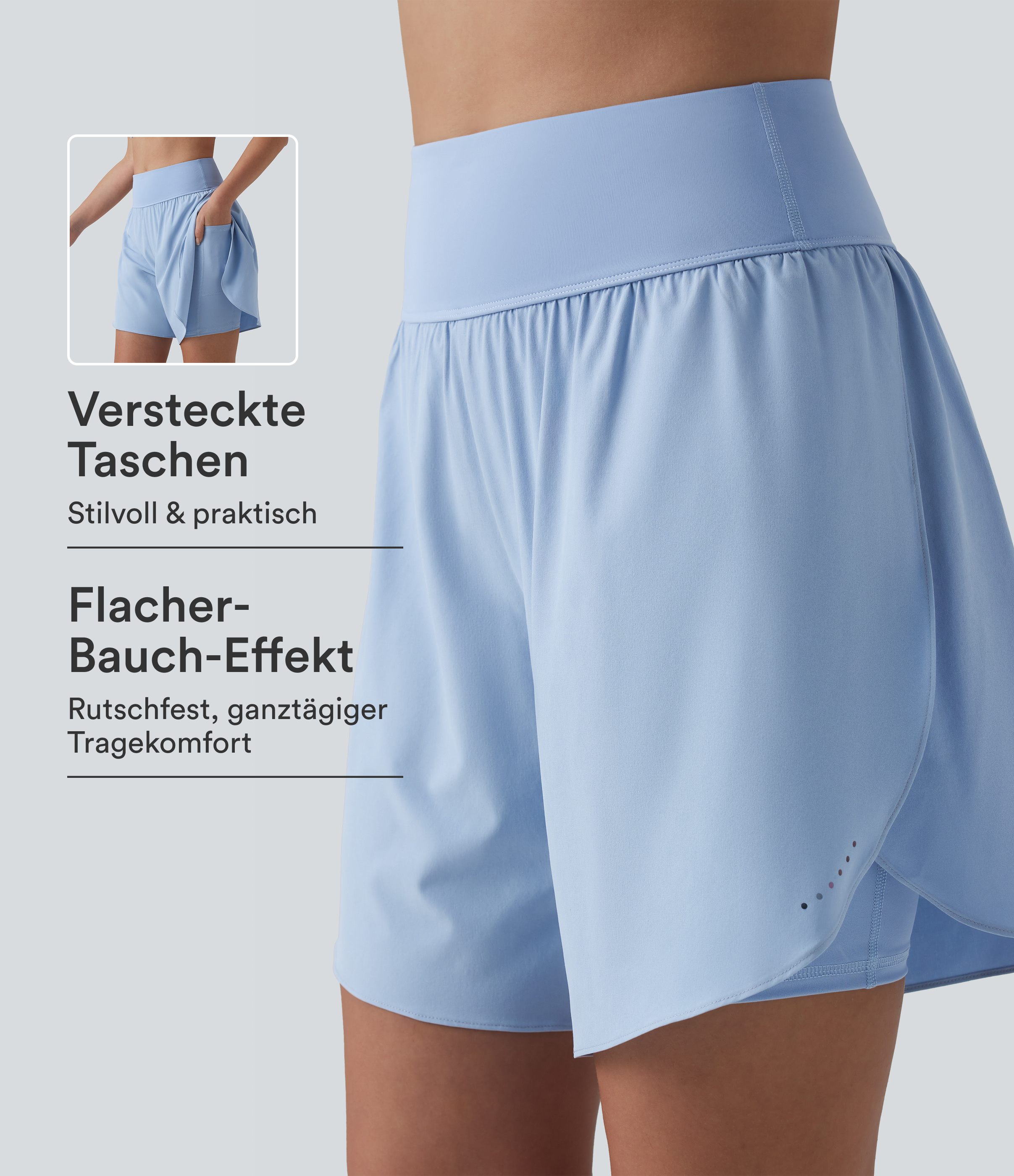 SoftlyZero™ - 2-in-1 Lauf-Shorts mit hohem Bund, Seitentaschen, Bauchkontrolle, reflektierenden Punkten und überkreuztem Saum - schnelltrocknend, 17,8 cm