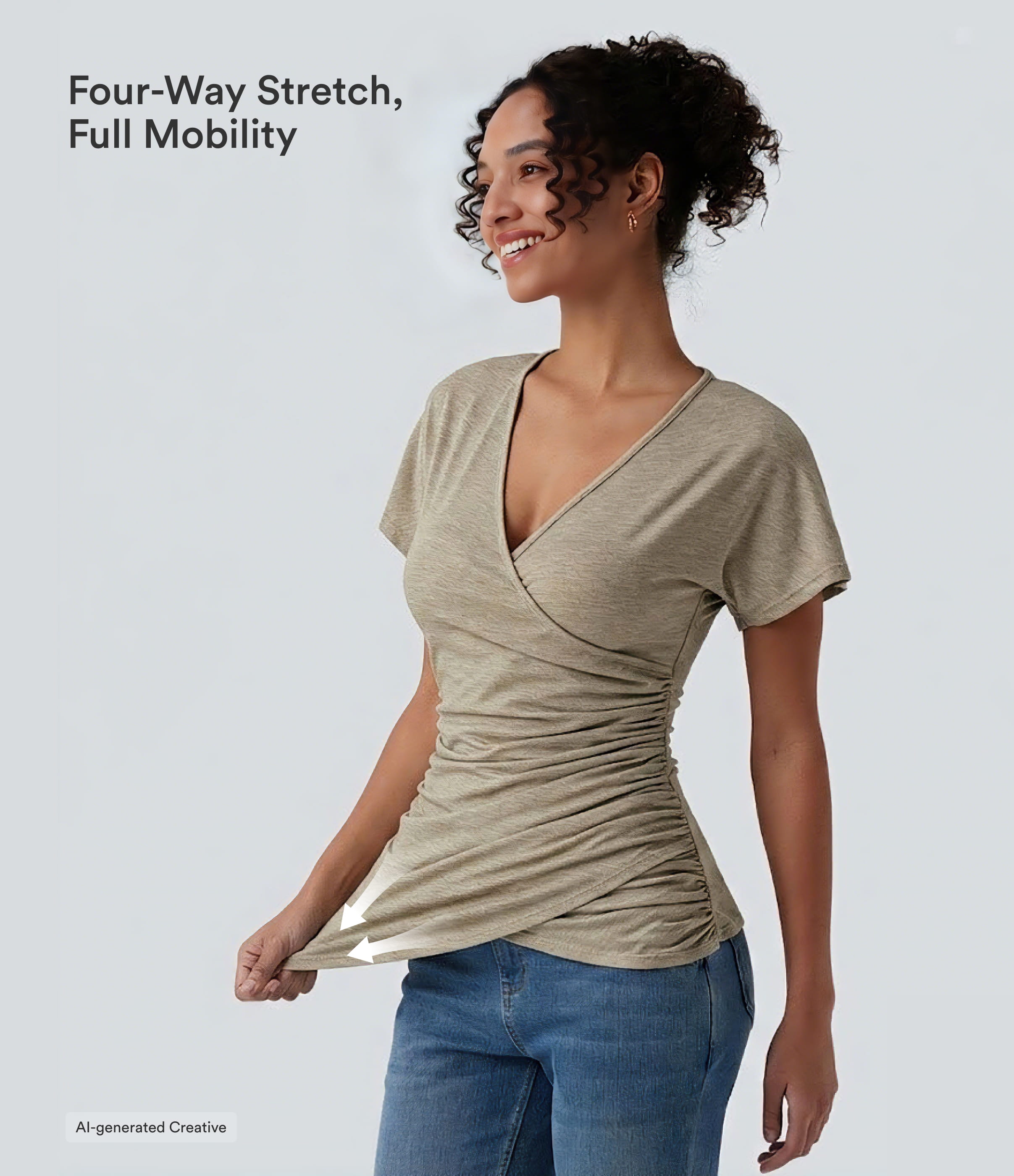 V Neck Short Sleeve Ruched Casual Top