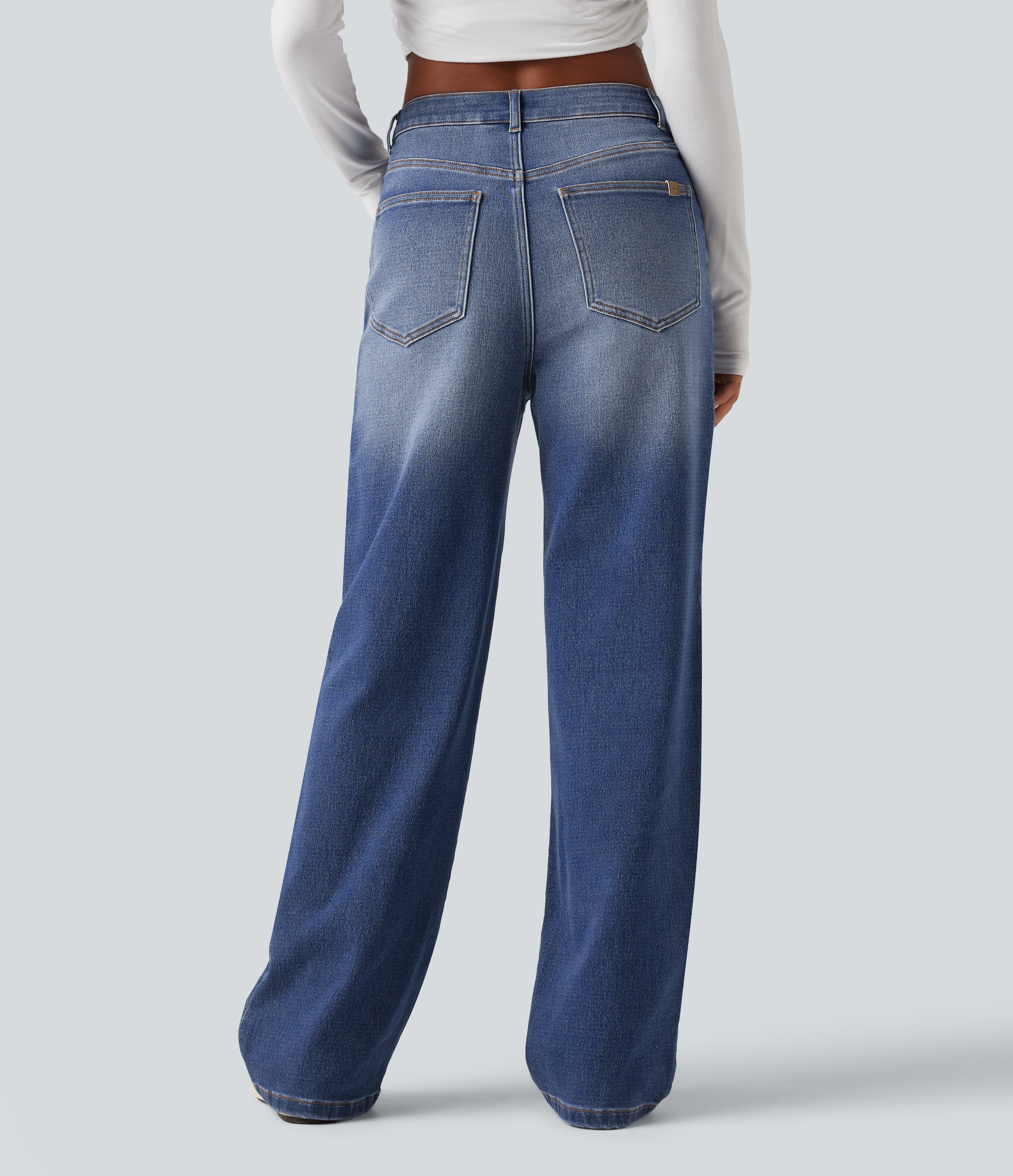 Tide Blue Denim High Waisted Straight Leg Casual Jeans with Pockets / 2
