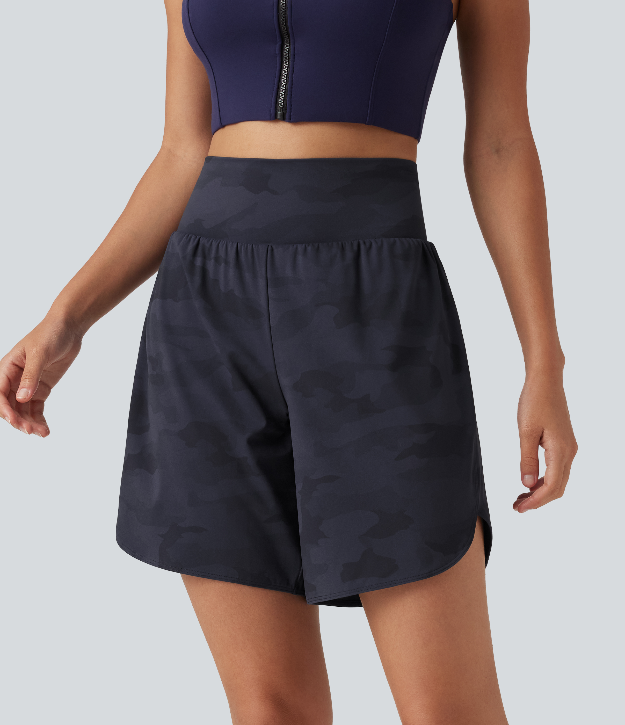Halara UltraSculpt™ Camo Print High Waisted Tummy Control Curved Hem Running Shorts 7" with Pocket Gym Short