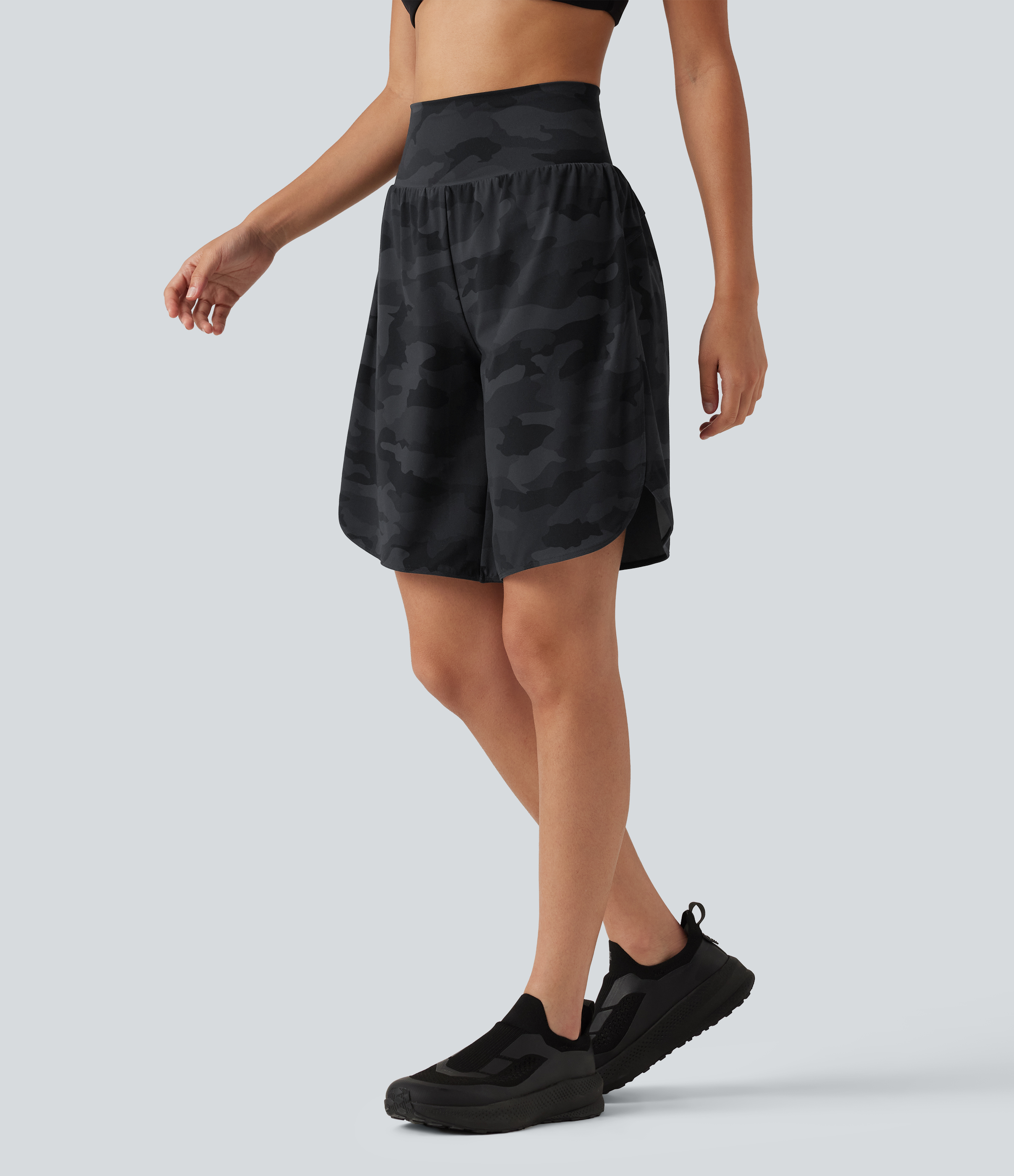 Halara UltraSculpt™ Camo Print High Waisted Tummy Control Curved Hem Running Shorts 9" with Pocket