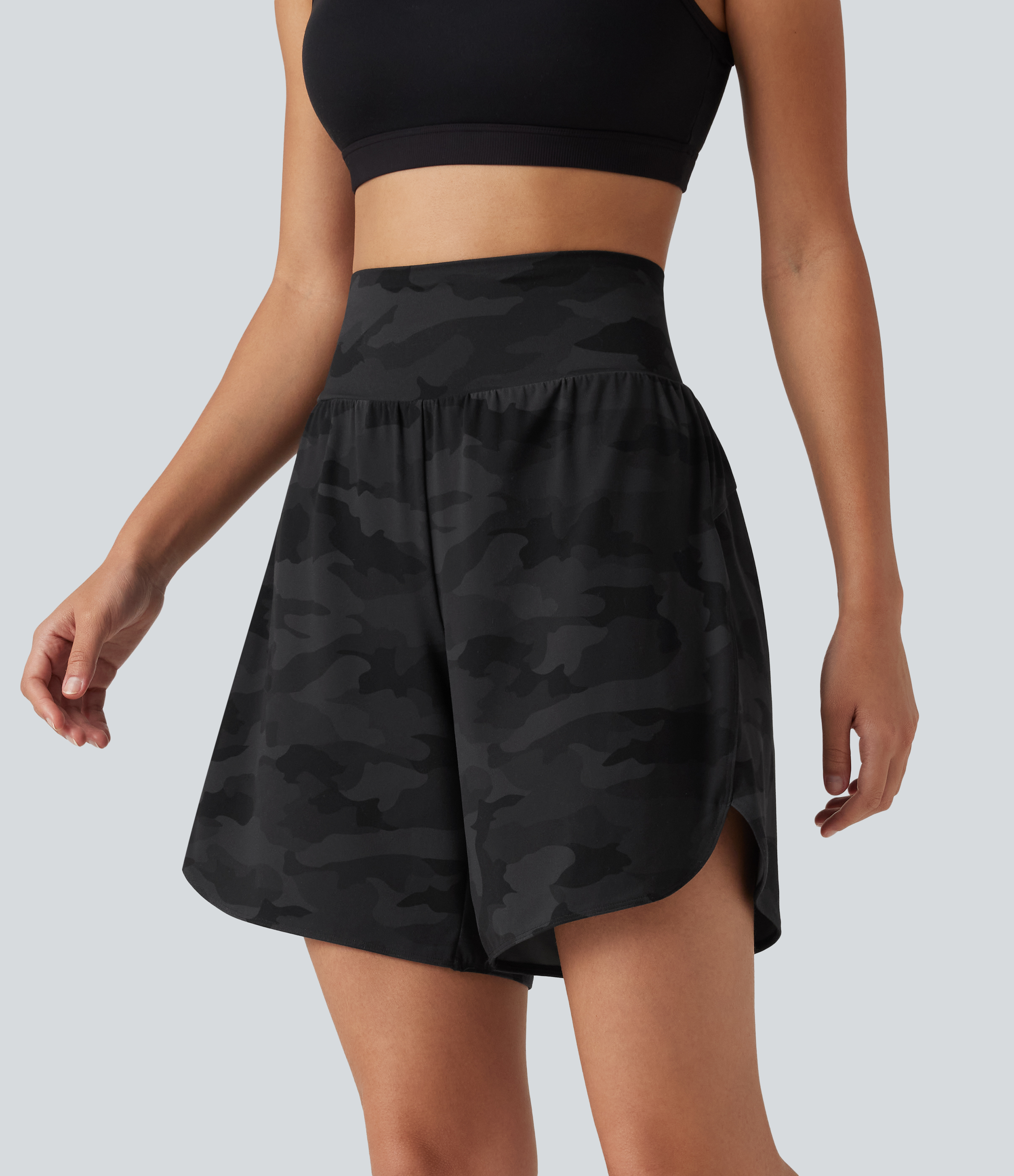 Halara UltraSculpt™ Camo Print High Waisted Tummy Control Curved Hem Running Shorts 7" with Pocket