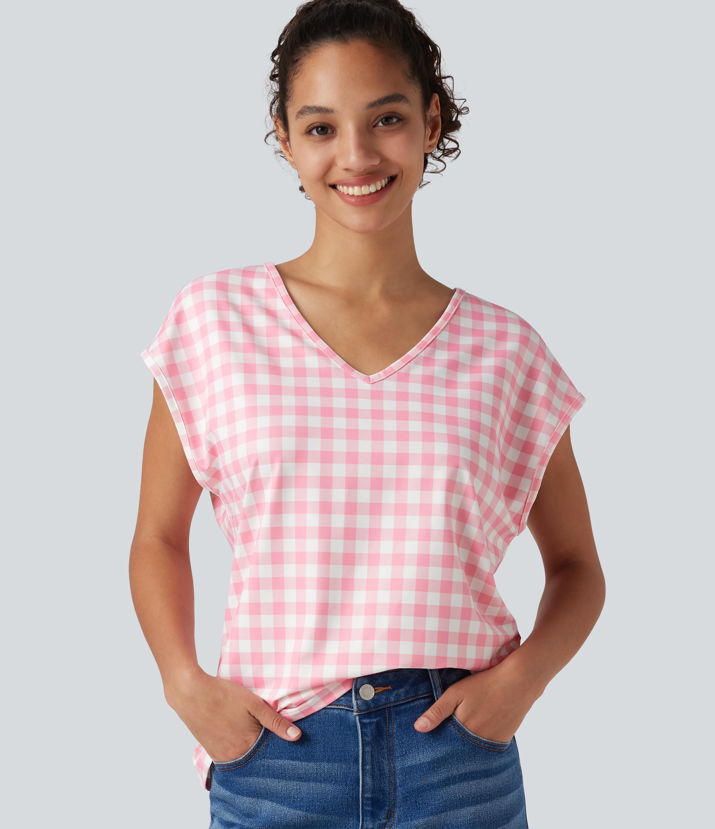V Neck Cap Sleeve Plaid Casual T-Shirt
