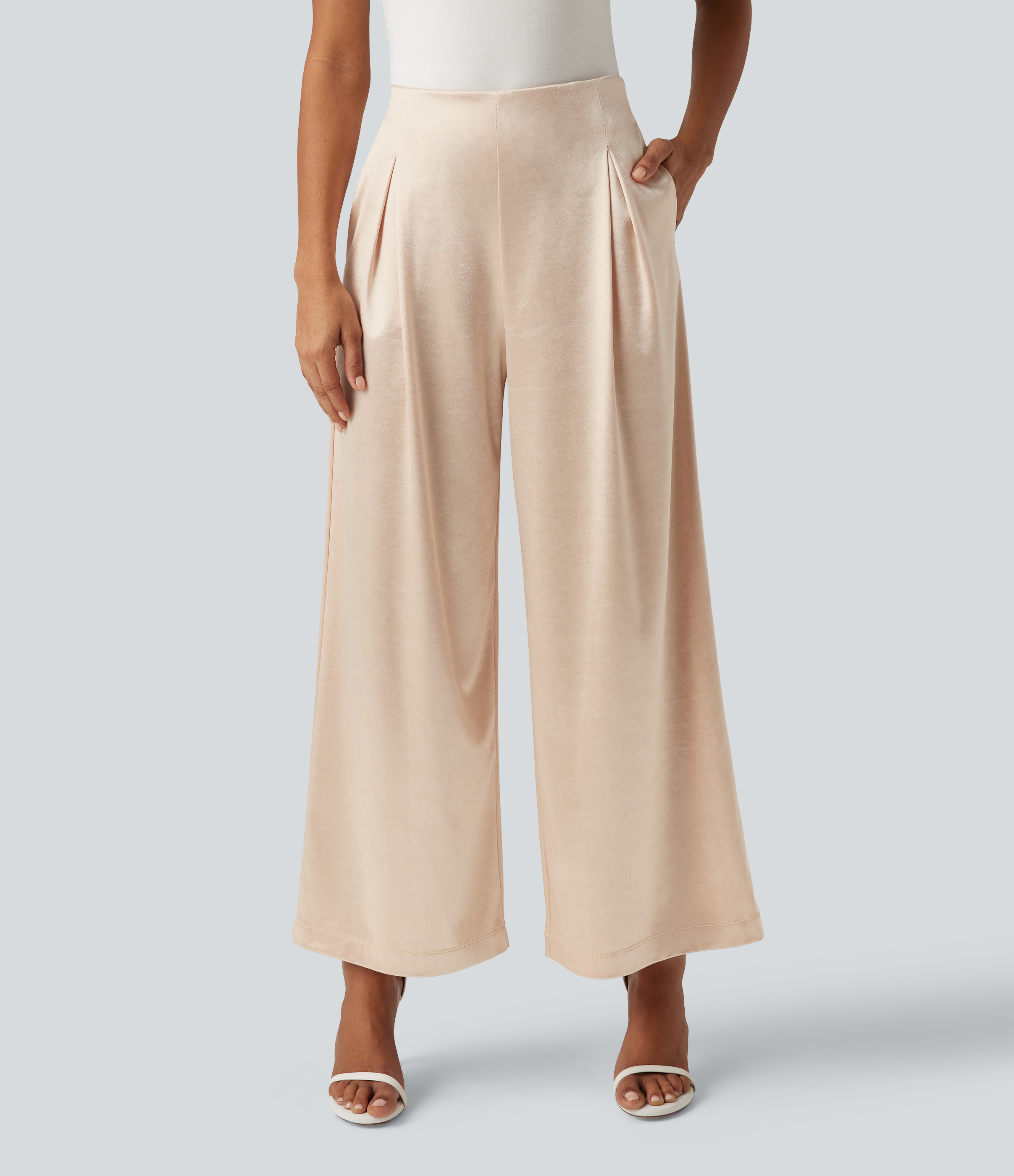 High Waisted Wide Leg Satin Work Pants with Pockets