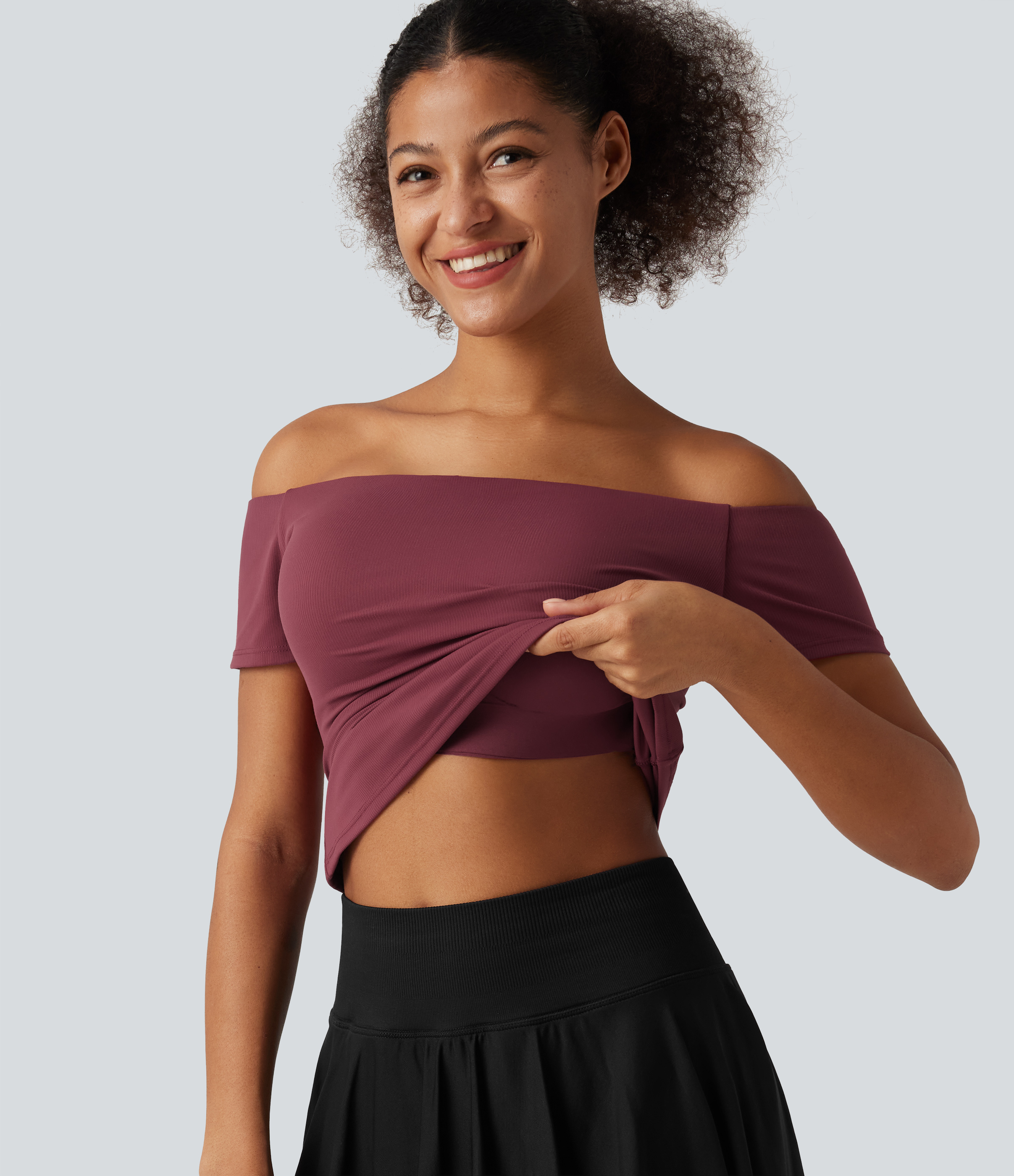 Off Shoulder Short Sleeve Built-in Bra Dance Sports Top B-DD Cups
