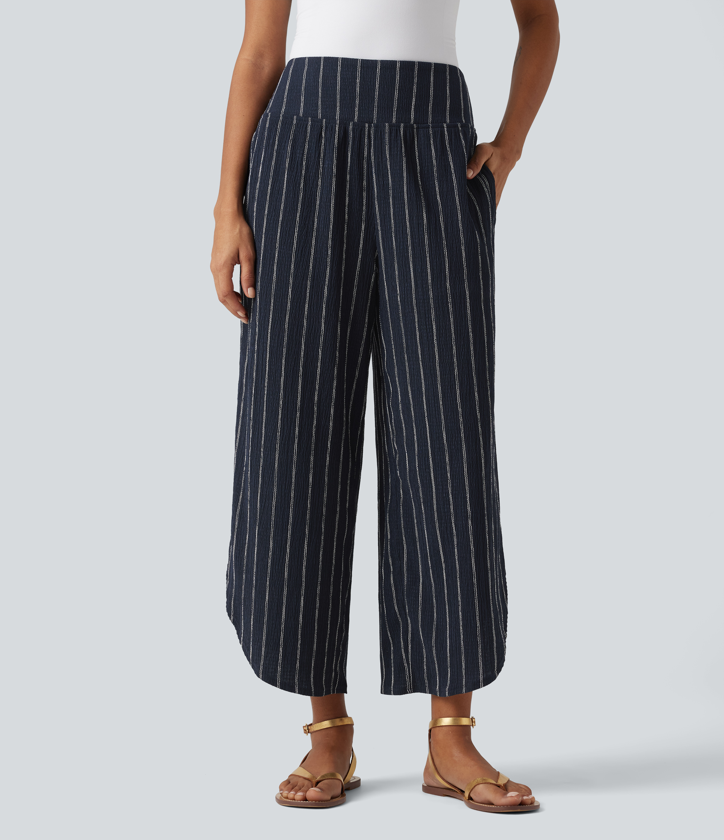 High Waisted Curved Hem Stripe Casual Pants with Pockets