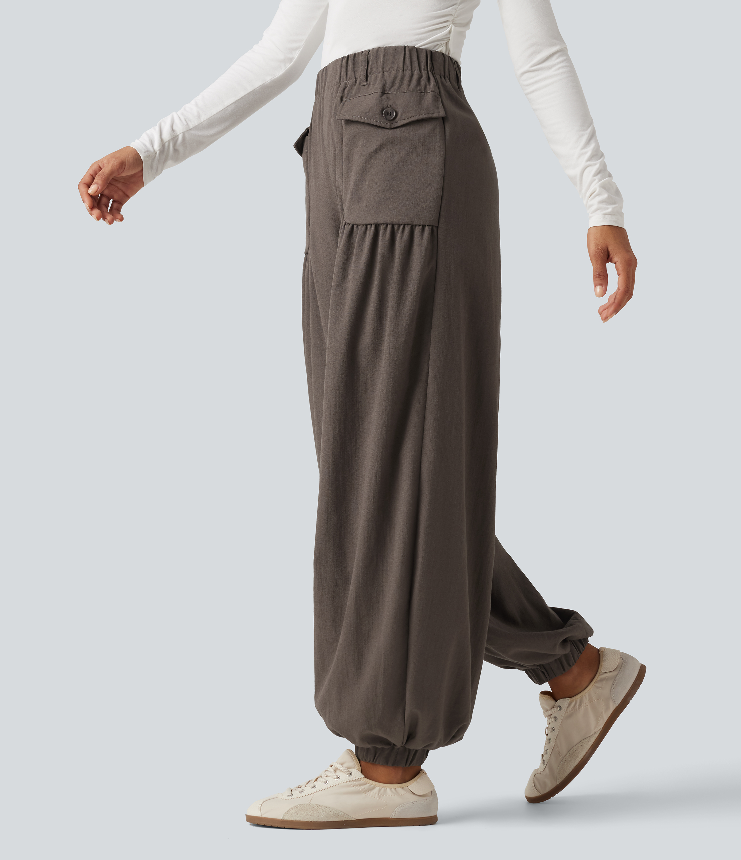 High Waisted Ruched Stacked Baggy Casual Linen-Feel Joggers with Pockets