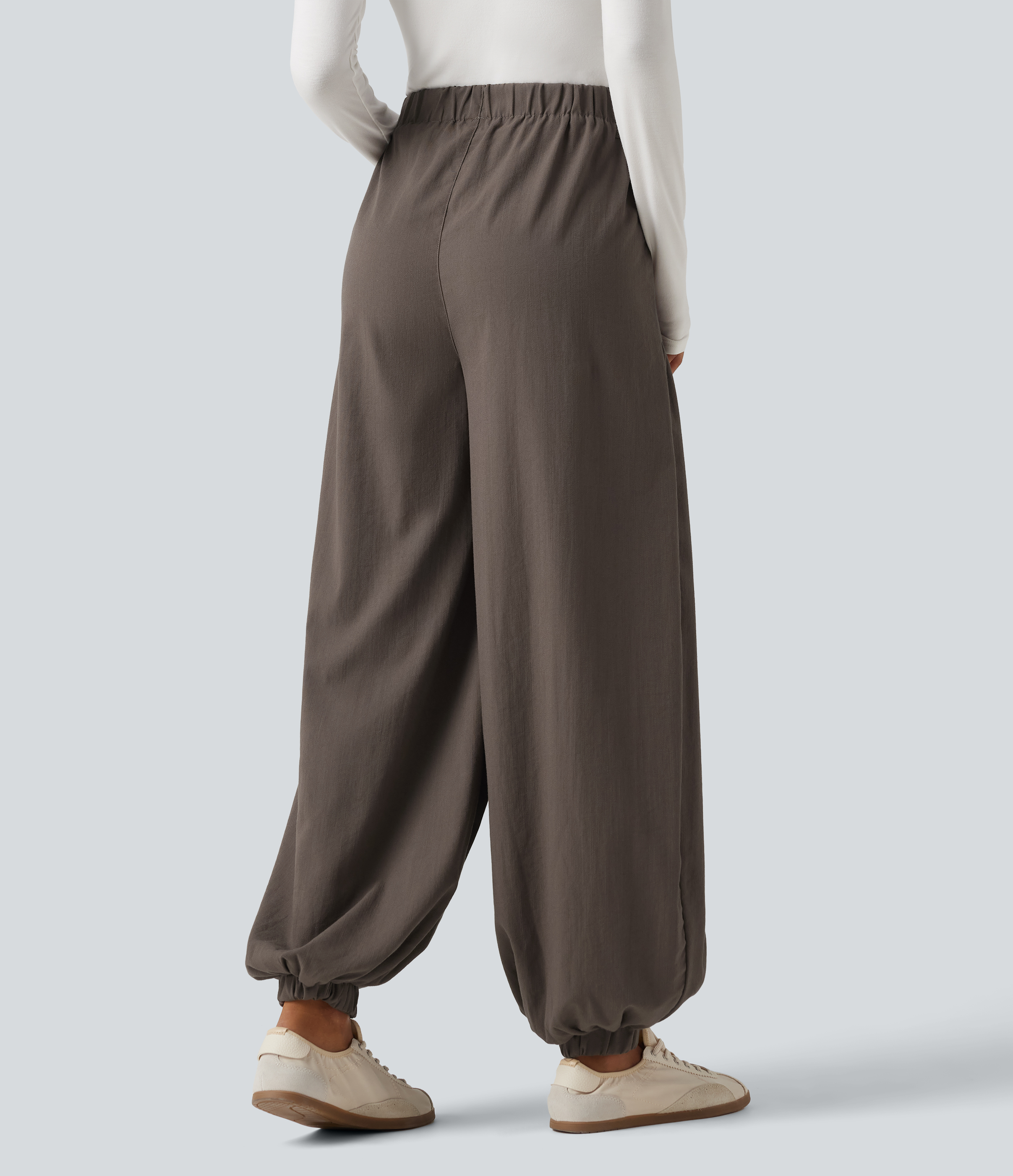 Dark Earthy Brown High Waisted Ruched Stacked Baggy Casual Linen-Feel Joggers with Pockets / 2