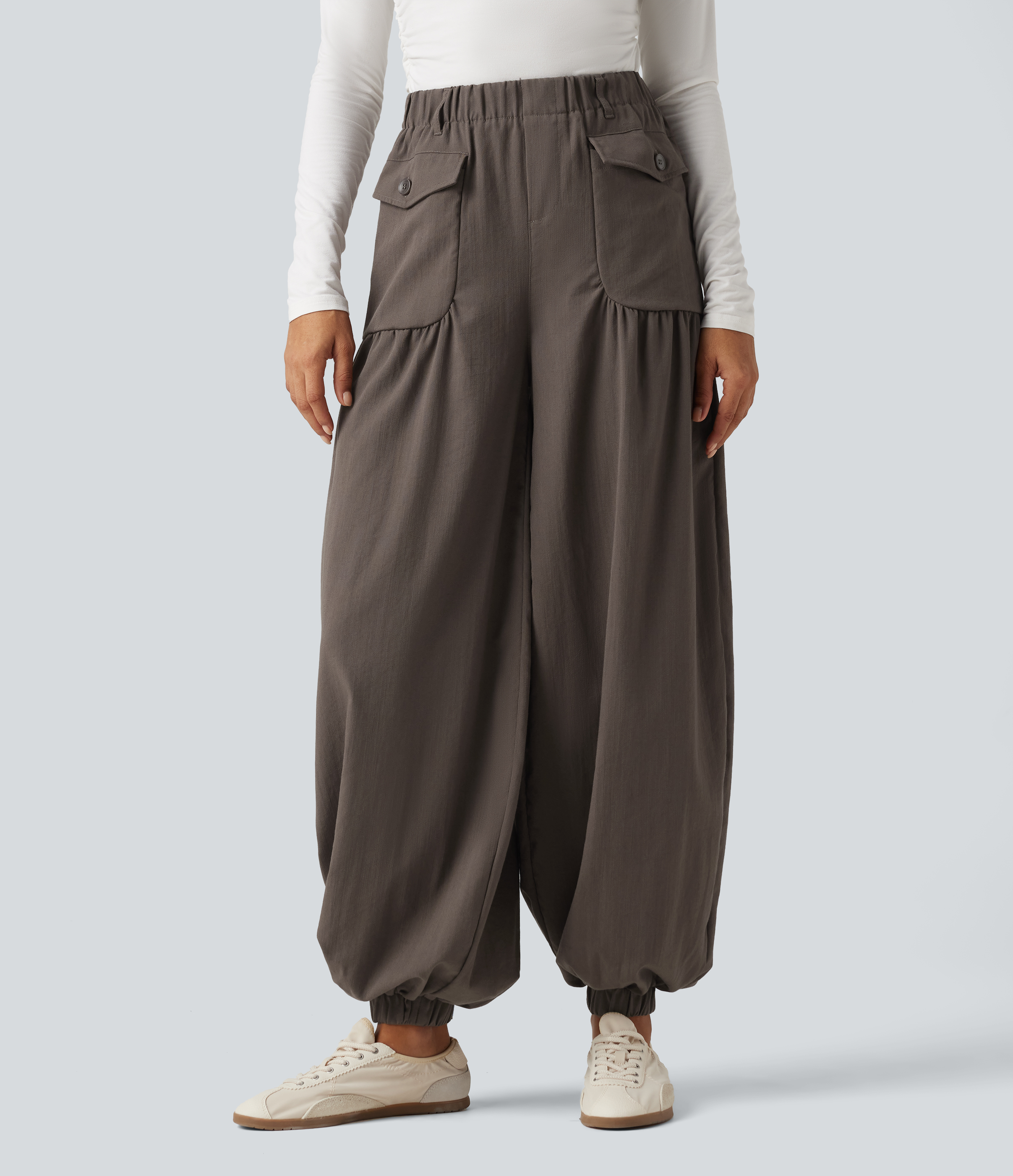 High Waisted Ruched Stacked Baggy Casual Linen-Feel Joggers with Pockets