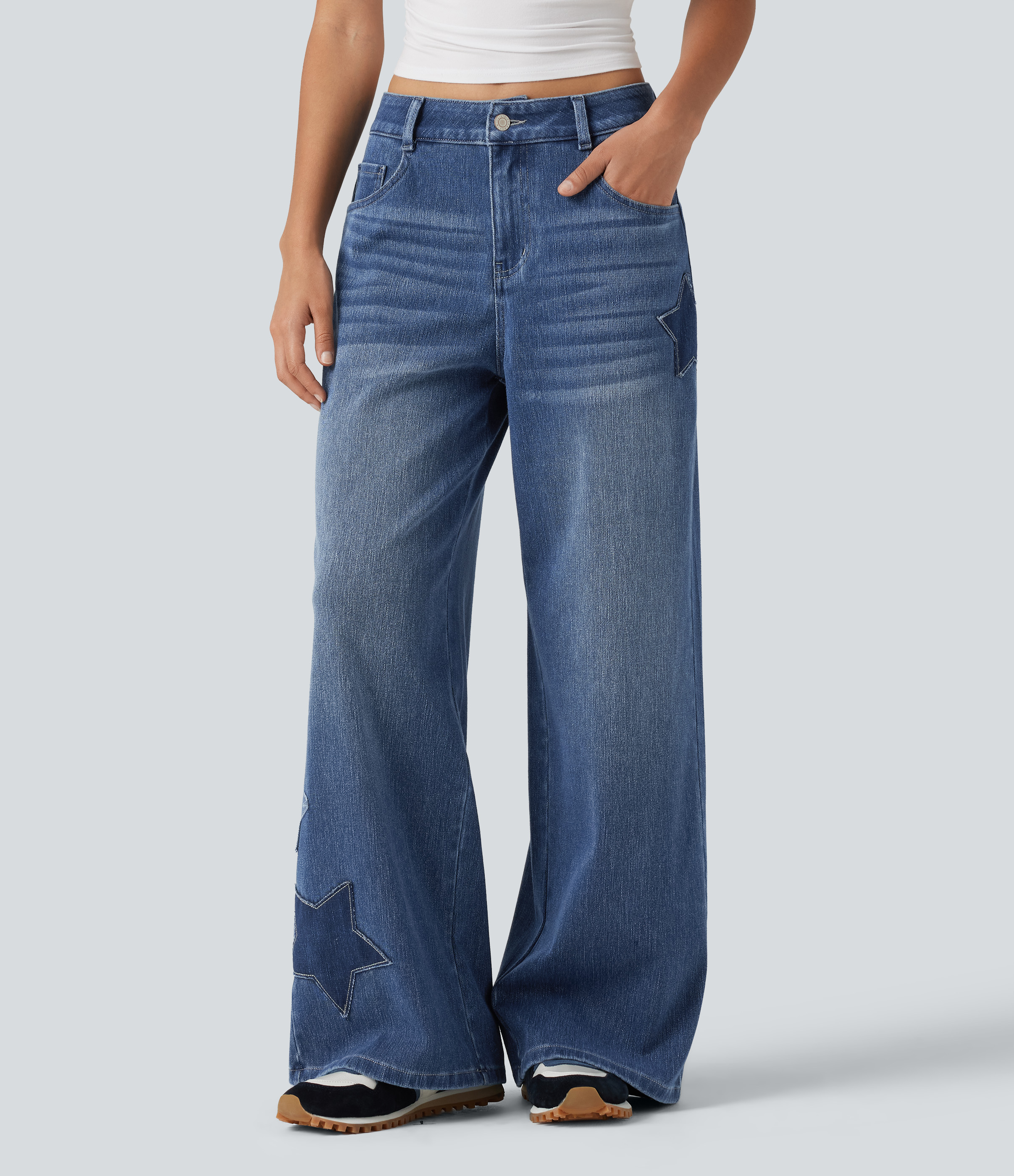 Halara Flex™ High Waisted Baggy Embroidery Casual Jeans with Pockets