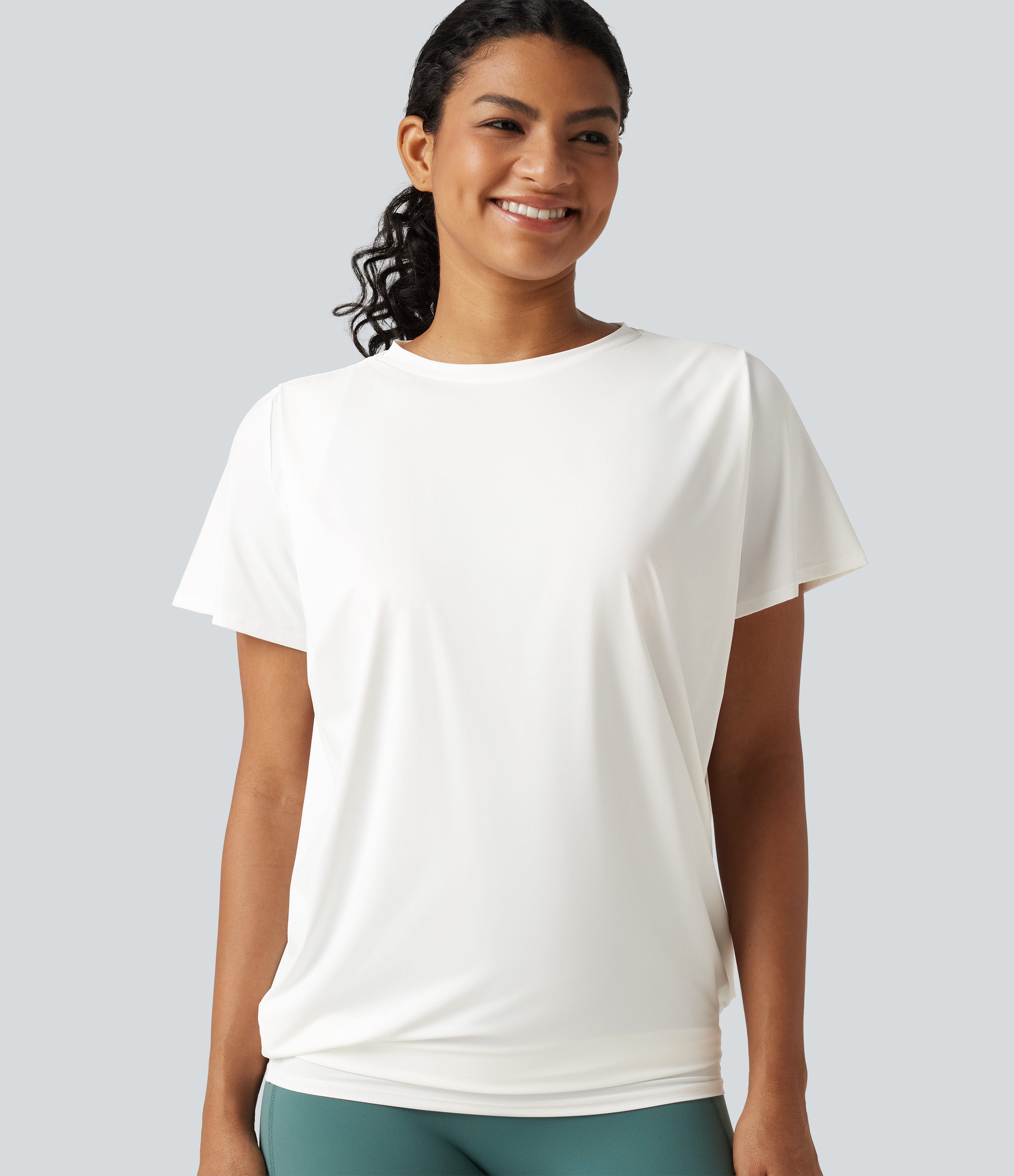 Round Neck Short Sleeve Ruched InstantCool Yoga Sports Top-Longer Length-UPF50+