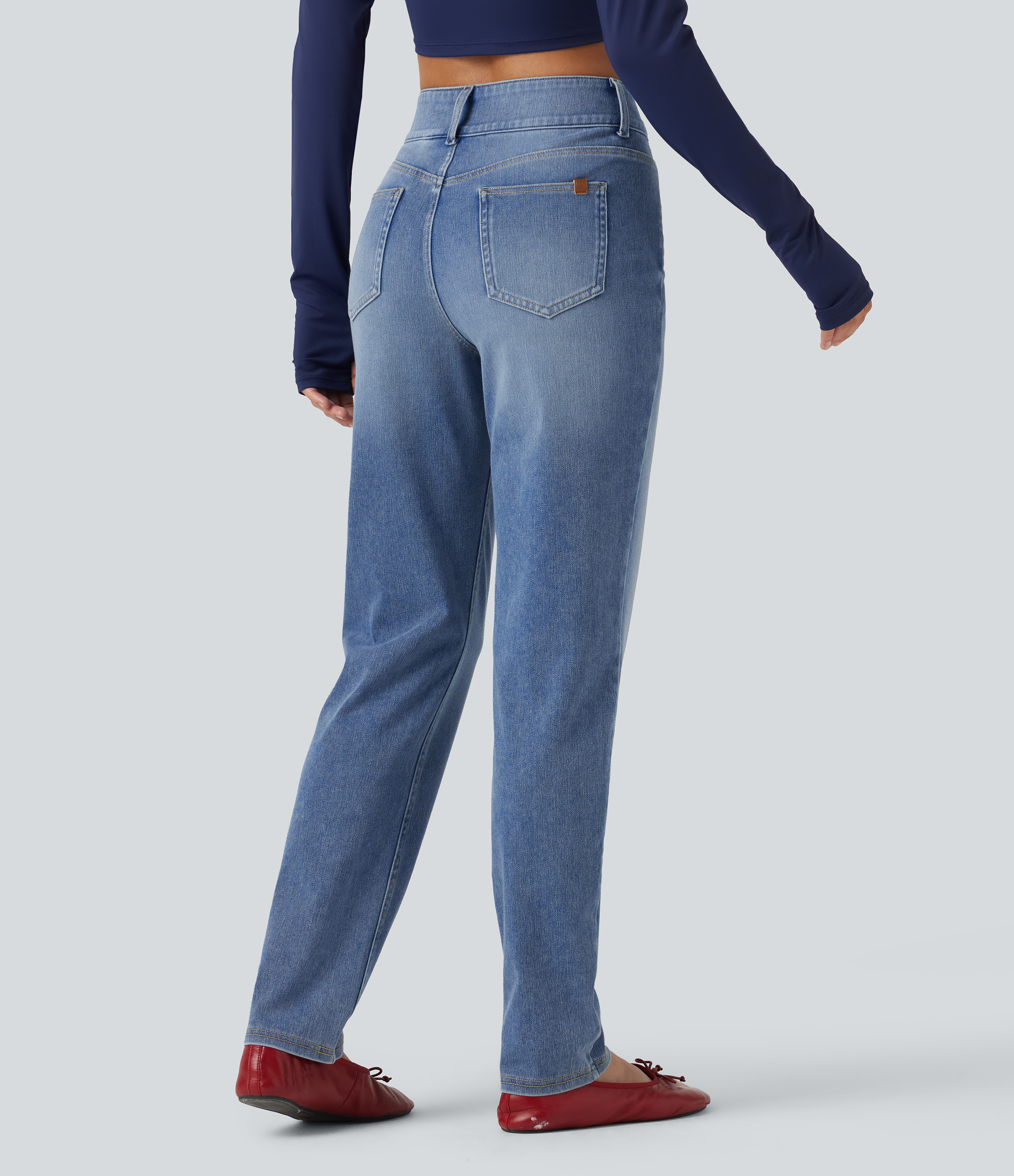 Powder Blue Denim Halara Flex™ Jeans mit mittlerer Leibhöhe, geradem Bein, lässige Baumwolljeans mit Taschen. / 2