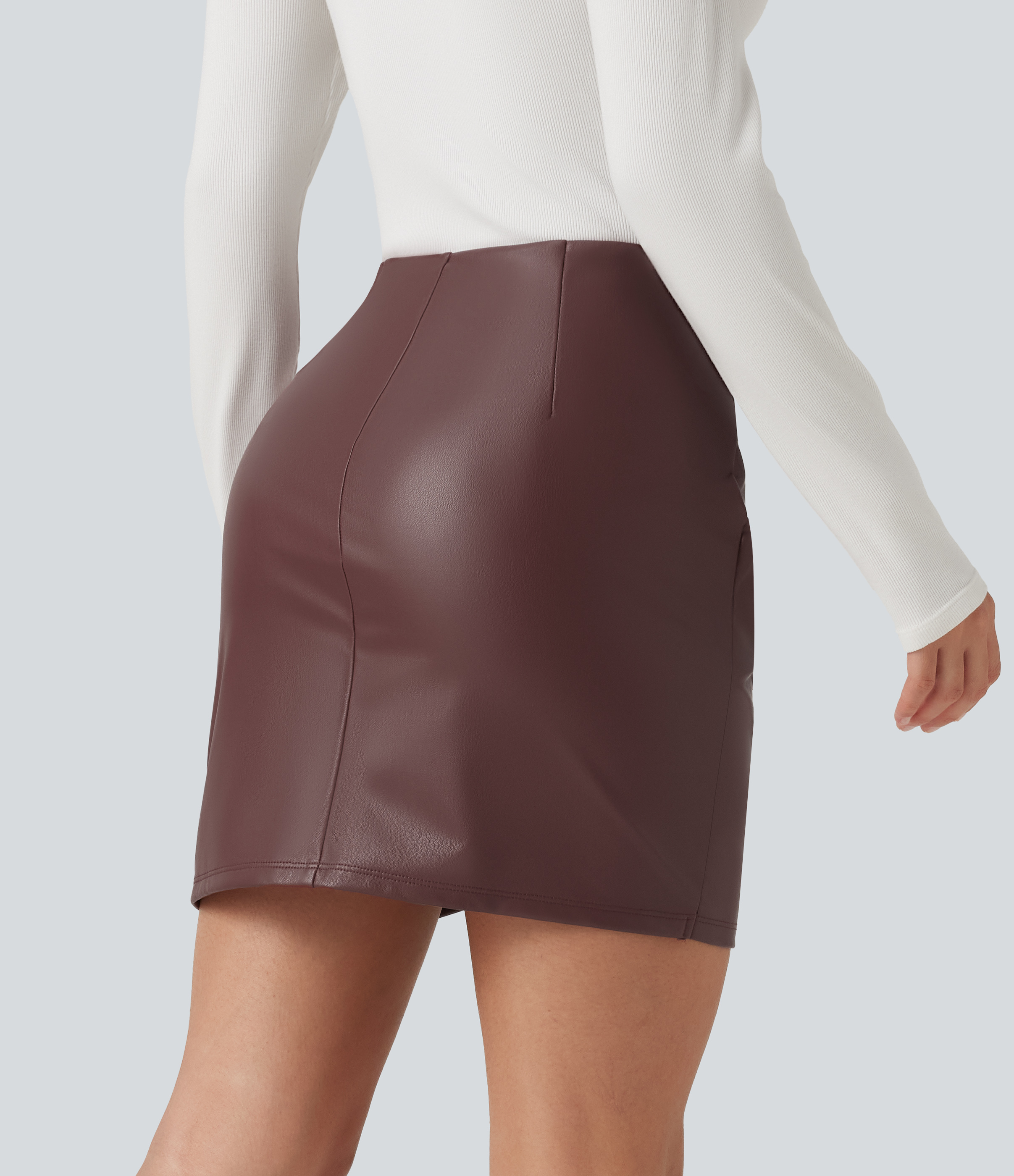 Red Mahogany High Waisted 2-in-1 Ruched Crossover Hem Bodycon Fleece Mini Casual PU Leather Skirt / 2