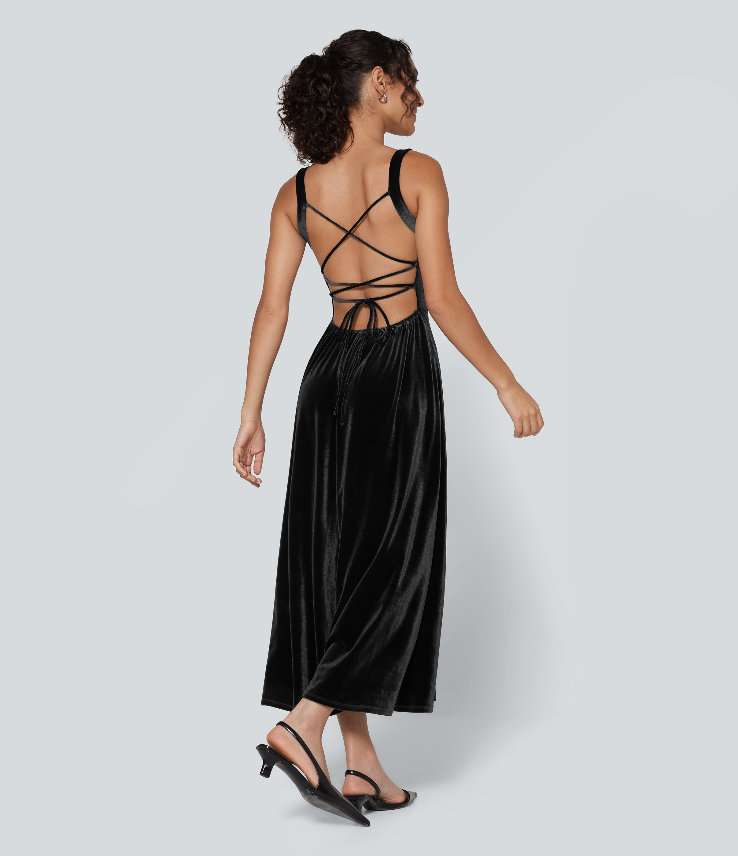 Square Neck Lace Up Ruched Built-in Bra Corset Velvet Midi Casual Milkmaid Dress