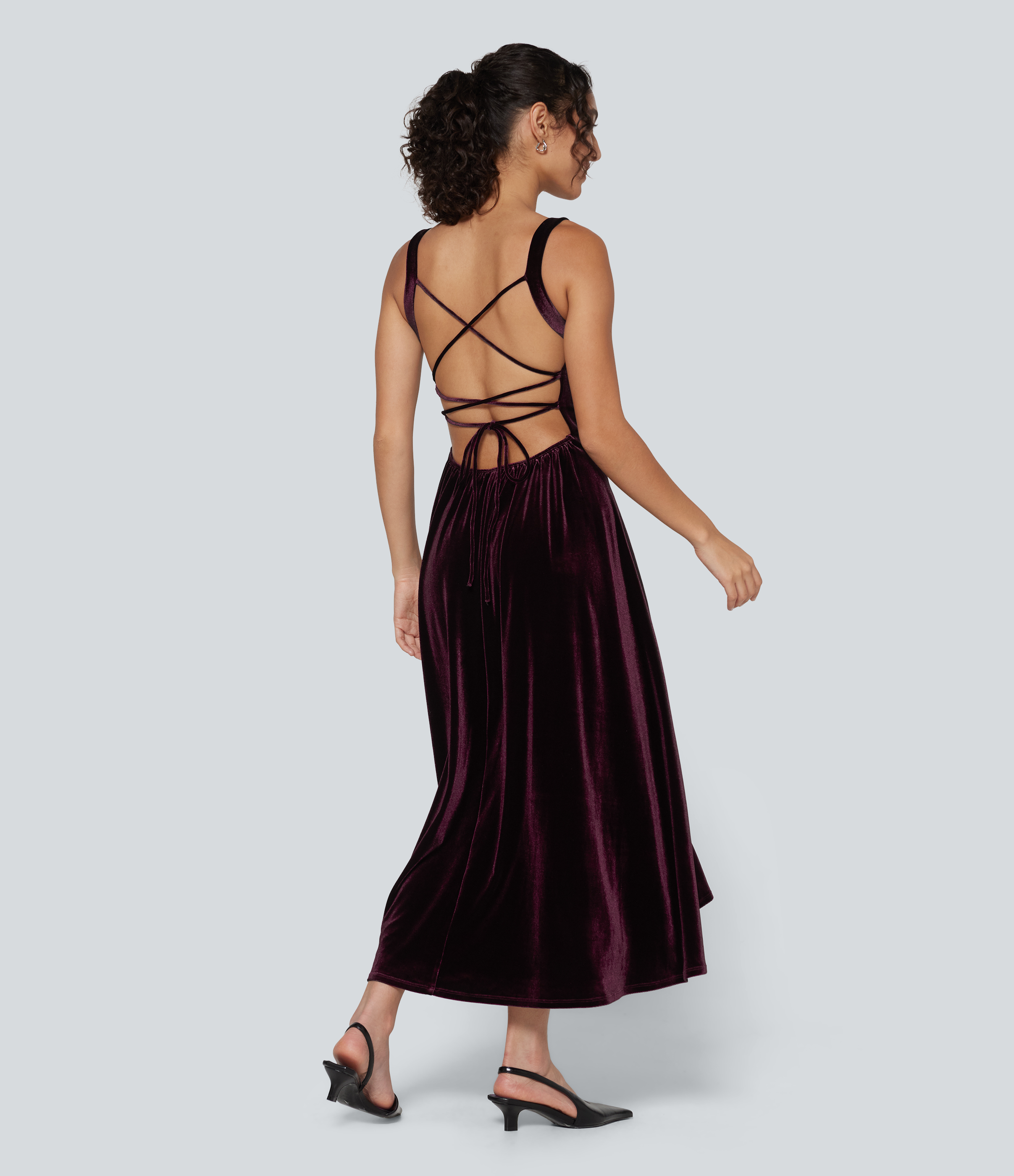Robe midi en velours à encolure carrée, style corset, laçage et fronces, avec coussinets amovibles