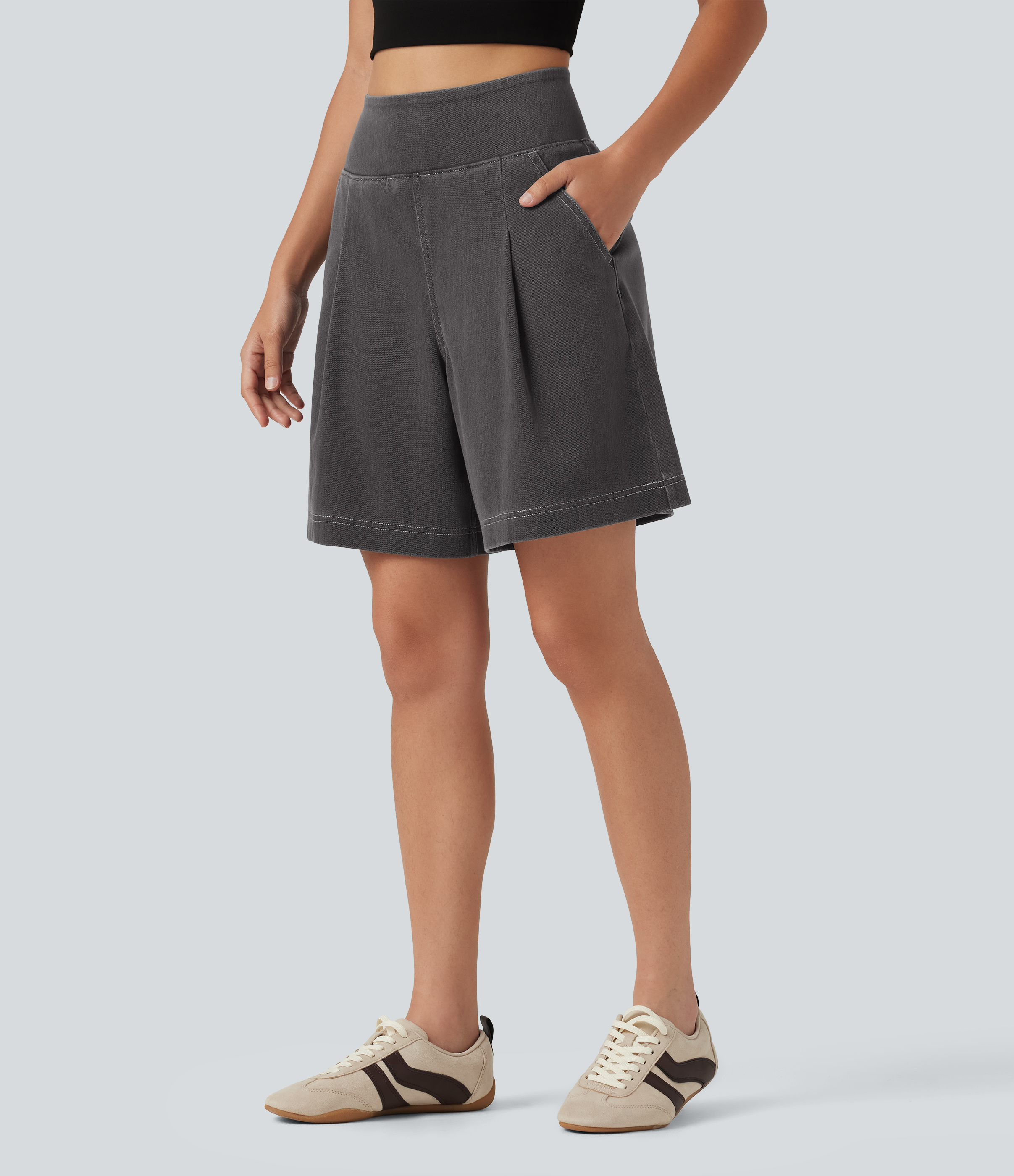 Halara Flex™ High Waisted Denim Casual Baggy Bermuda Shorts 7'' with Pockets