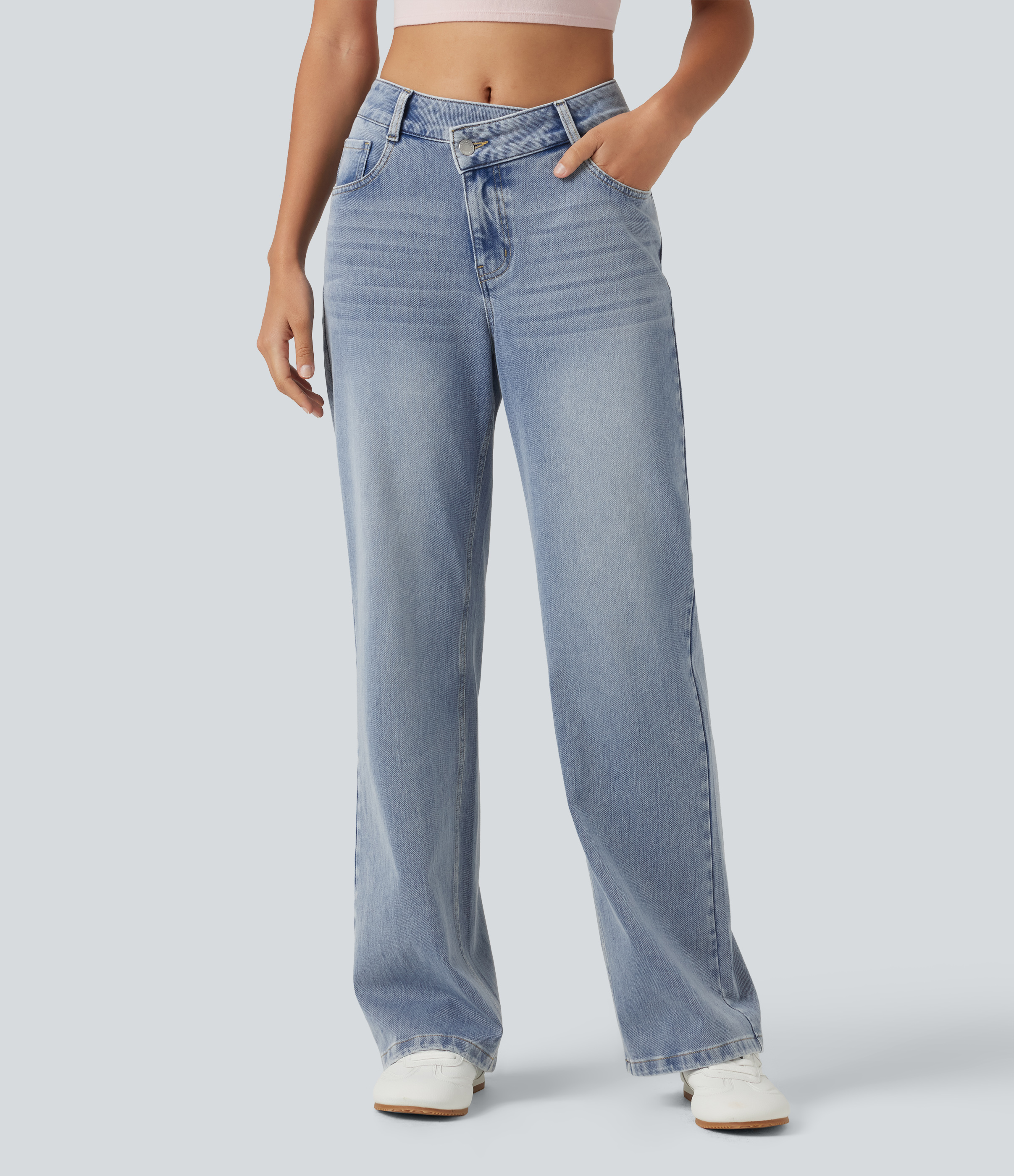 Halara Flex™ Asymmetric Mid Rise Straight Leg Casual Jeans with Pockets