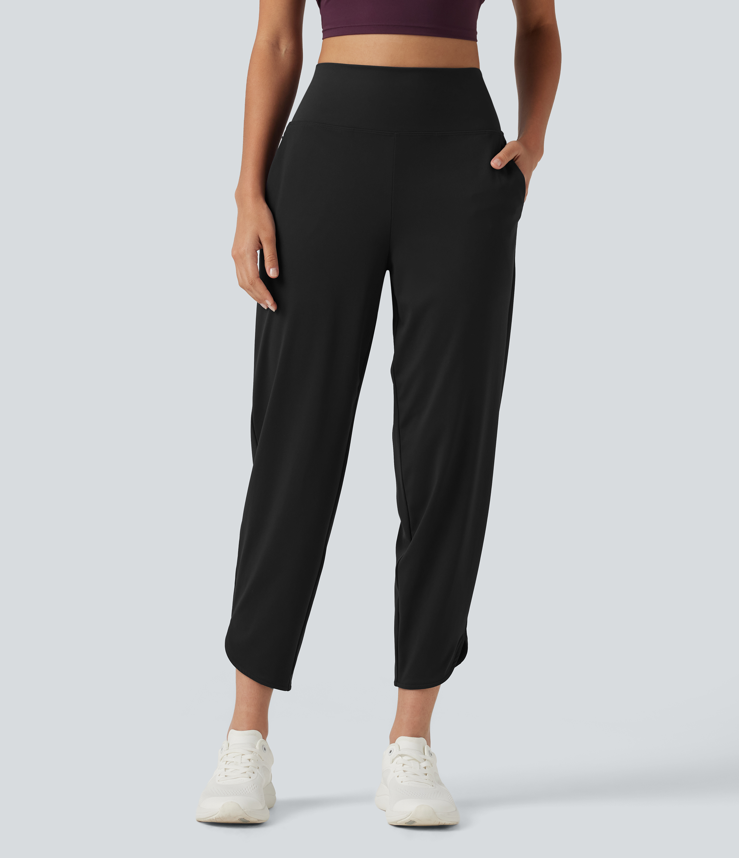High Waisted Inner Drawstring Cropped Curved Hem InstantCool Quick Dry Running Pants with Pockets-UPF50+