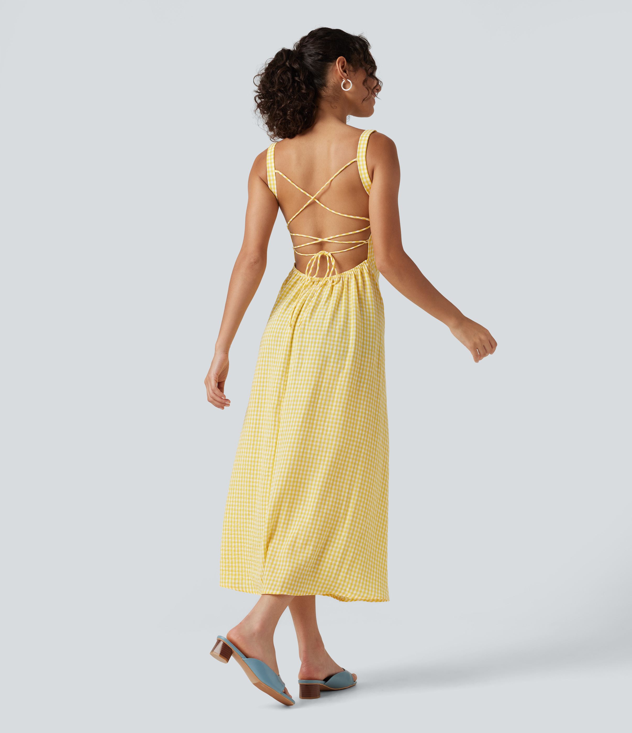 Lemon Gingham Square Neck Crisscross Backless Built-in Bra Corset Plaid Flowy Midi Linen-Feel Resort Milkmaid Dress / 2