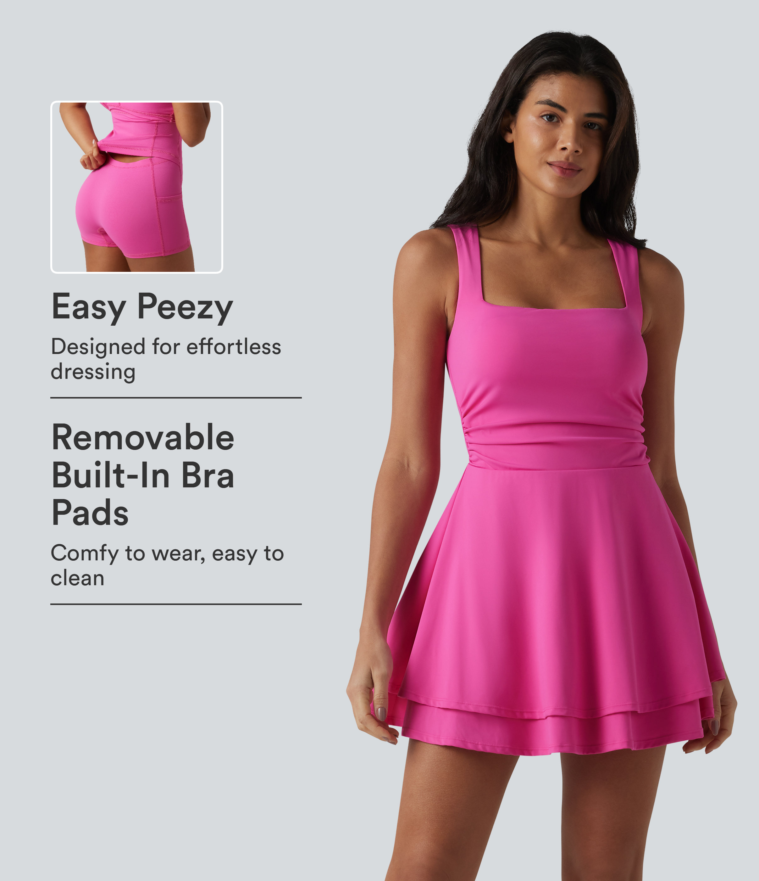SoftlyZero™ Airy Square Neck Built-in Bra Sleeveless 2-in-1 Layered InstantCool Mini Yoga Active Dress with Pockets-Easy Peezy Edition
