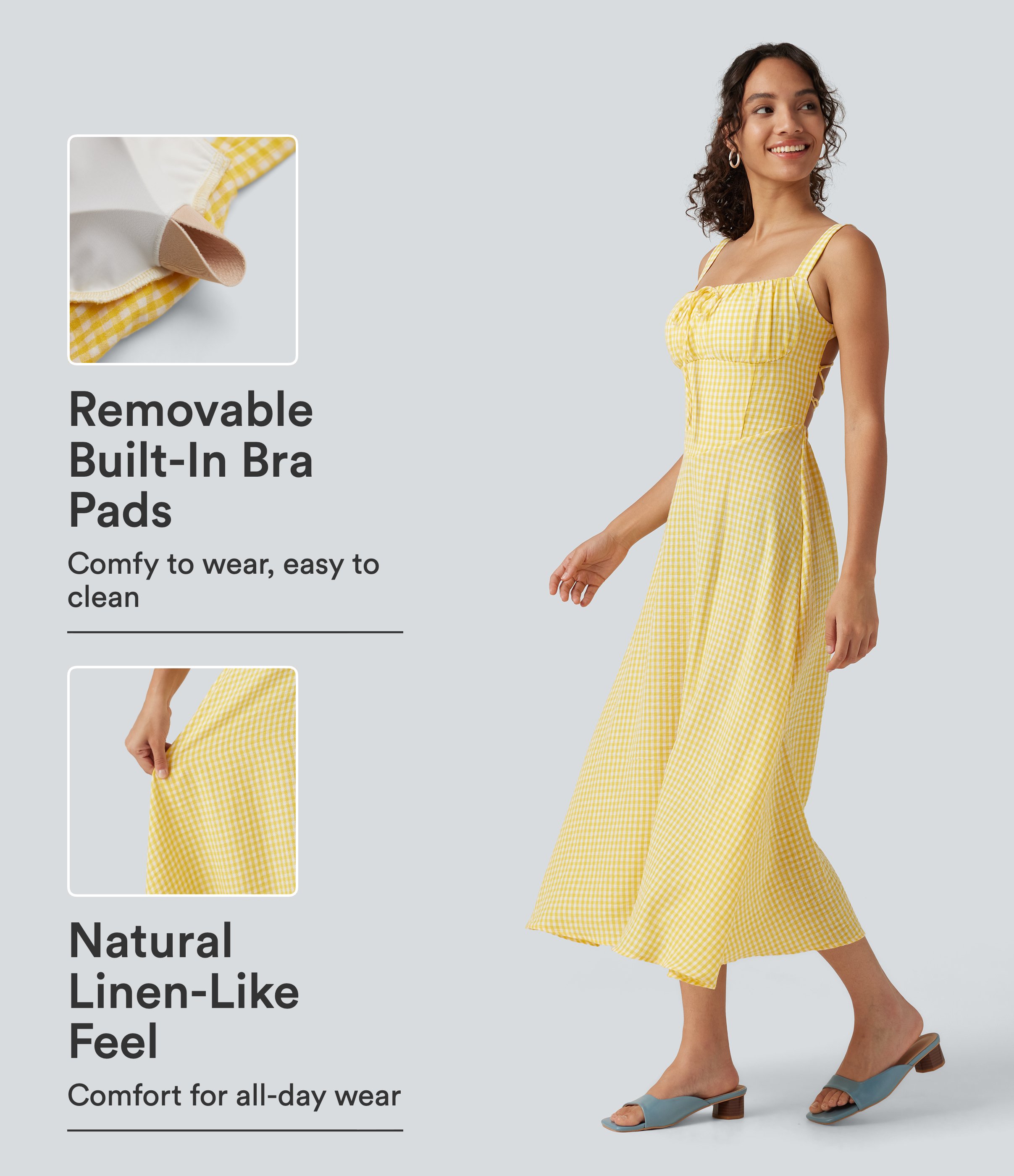 Square Neck Crisscross Backless Built-in Bra Corset Plaid Flowy Midi Linen-Feel Resort Dress