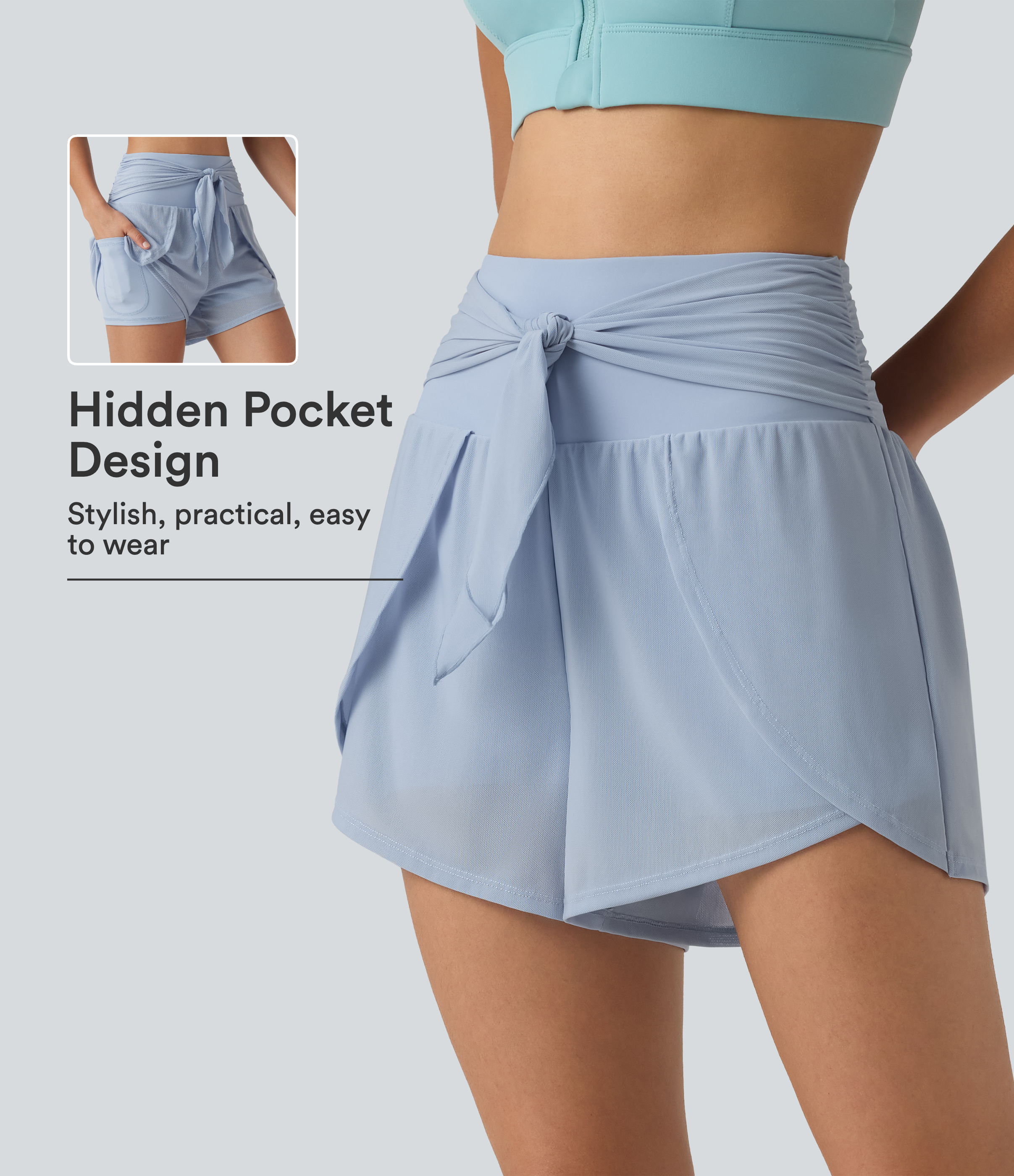 SoftlyZero™ Airy High Waisted Tie Front Contrast Mesh 2-in-1 InstantCool Running Shorts 3" with Pockets-UPF50+