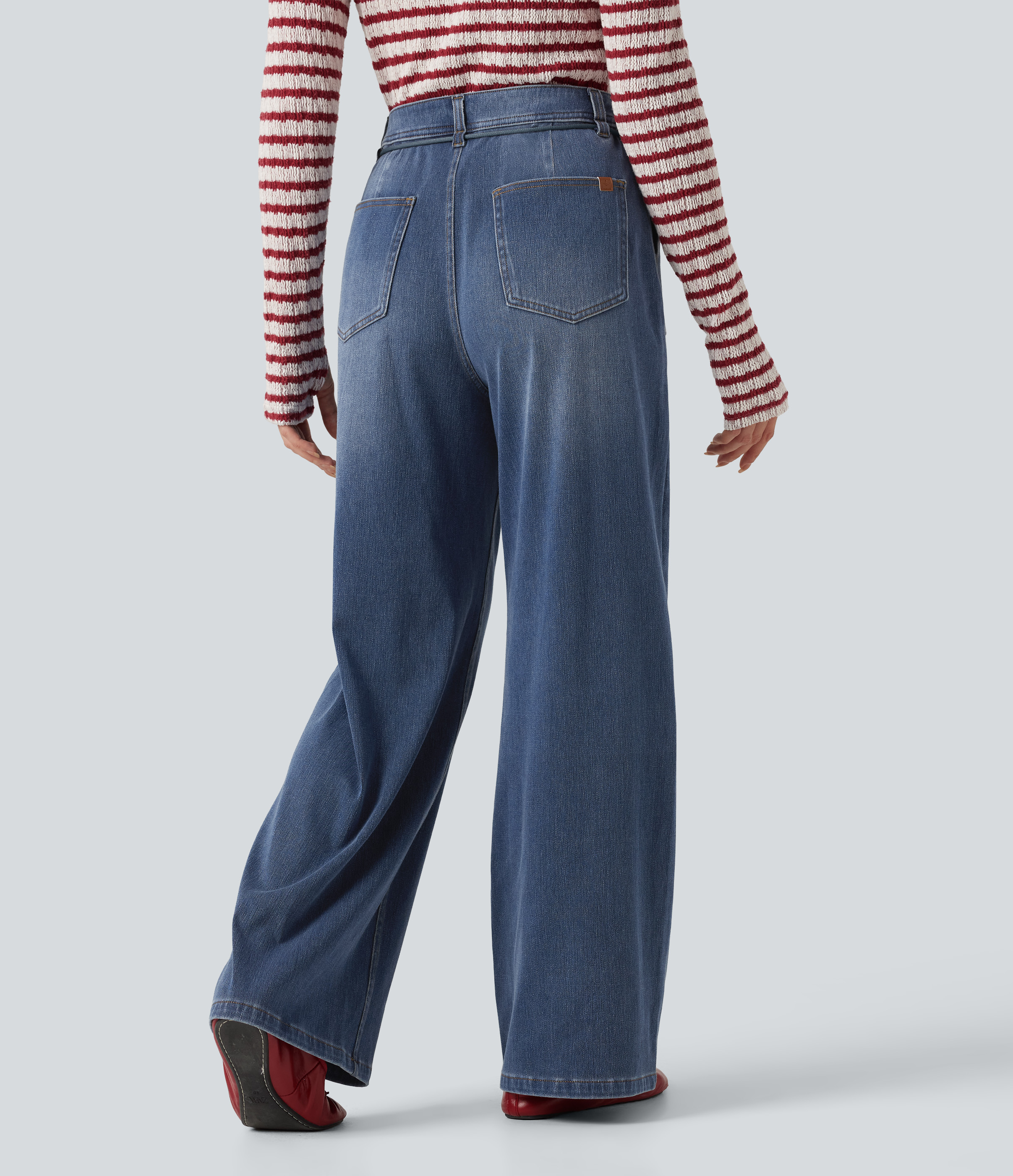 Blue Surf Denim Halara Flex™ középmagas derekú, derékzsinóros, hétköznapi, bő, egyenes szárú farmer zsebekkel / 2