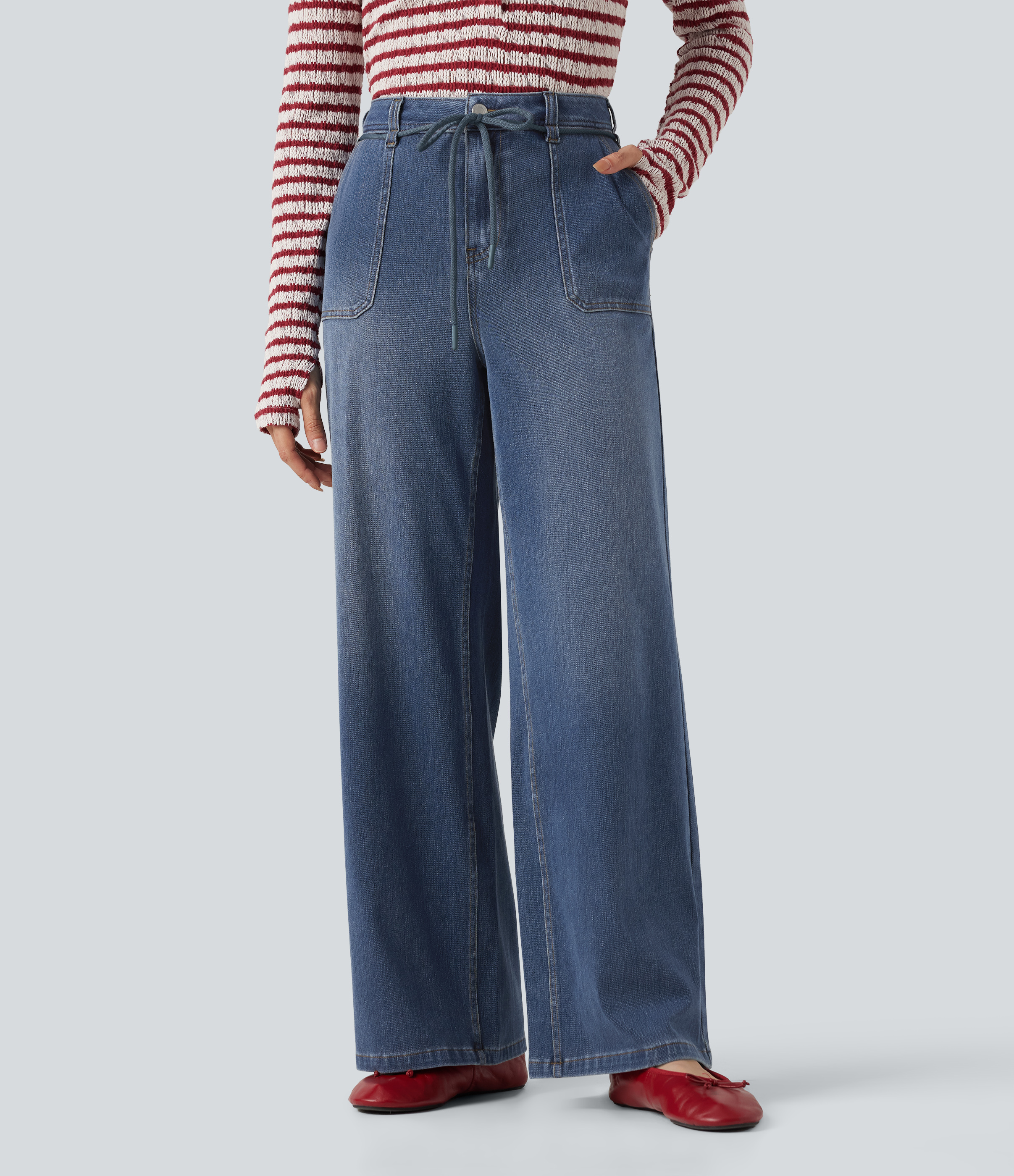 Halara Flex™ Mid Rise Drawstring Casual Baggy Straight Leg Jeans with Pockets
