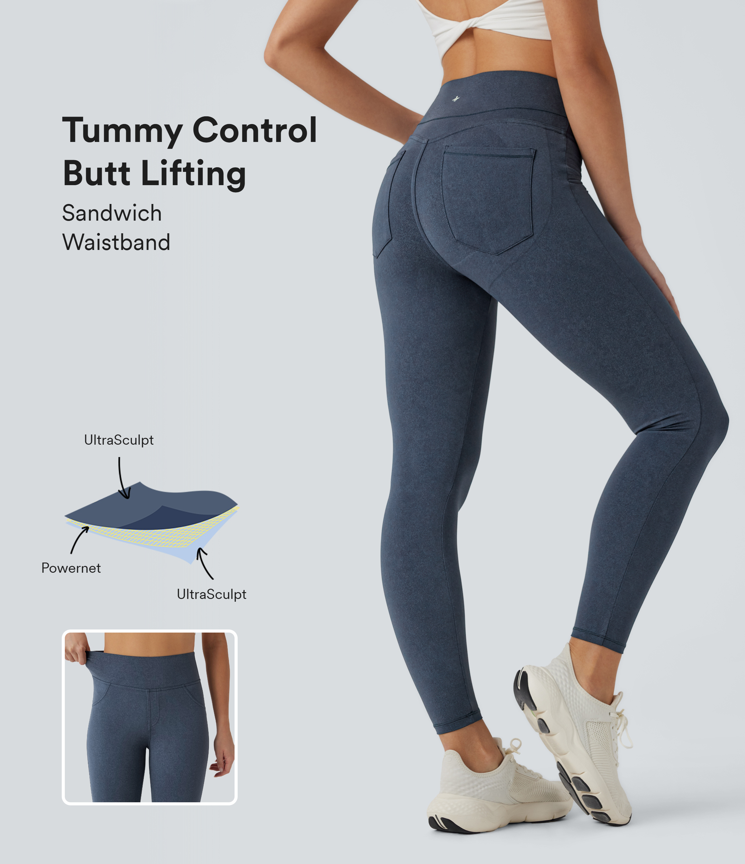 Blue Fade Halara UltraSculpt™ leggings de yoga taille haute à imprimé denim — maintien du ventre, effet rehausseur de fesses, avec poches / 1