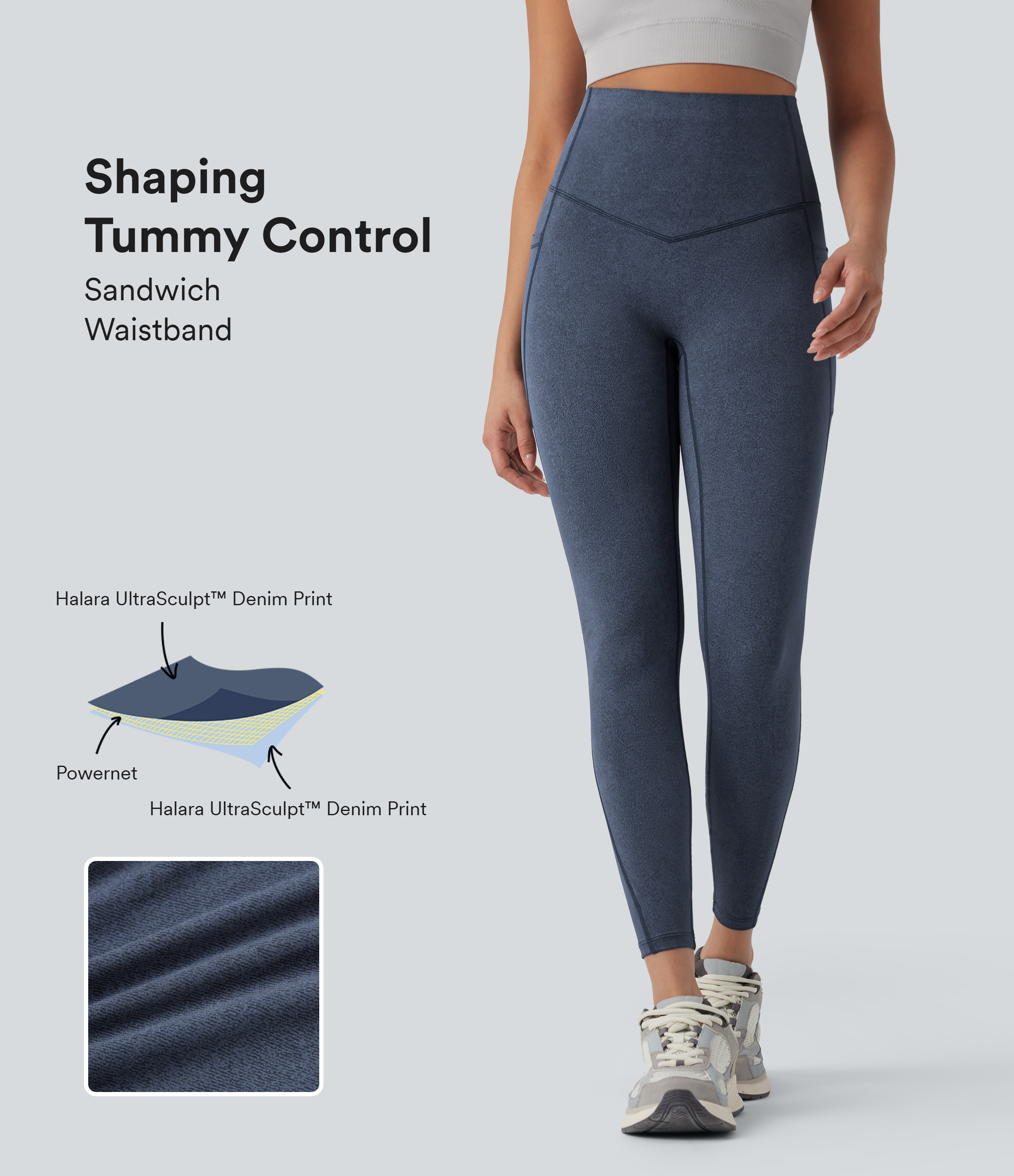 Blue Fade Halara UltraSculpt™ legging de yoga taille haute, gainant pour le ventre, imprimé denim, avec poches / 1