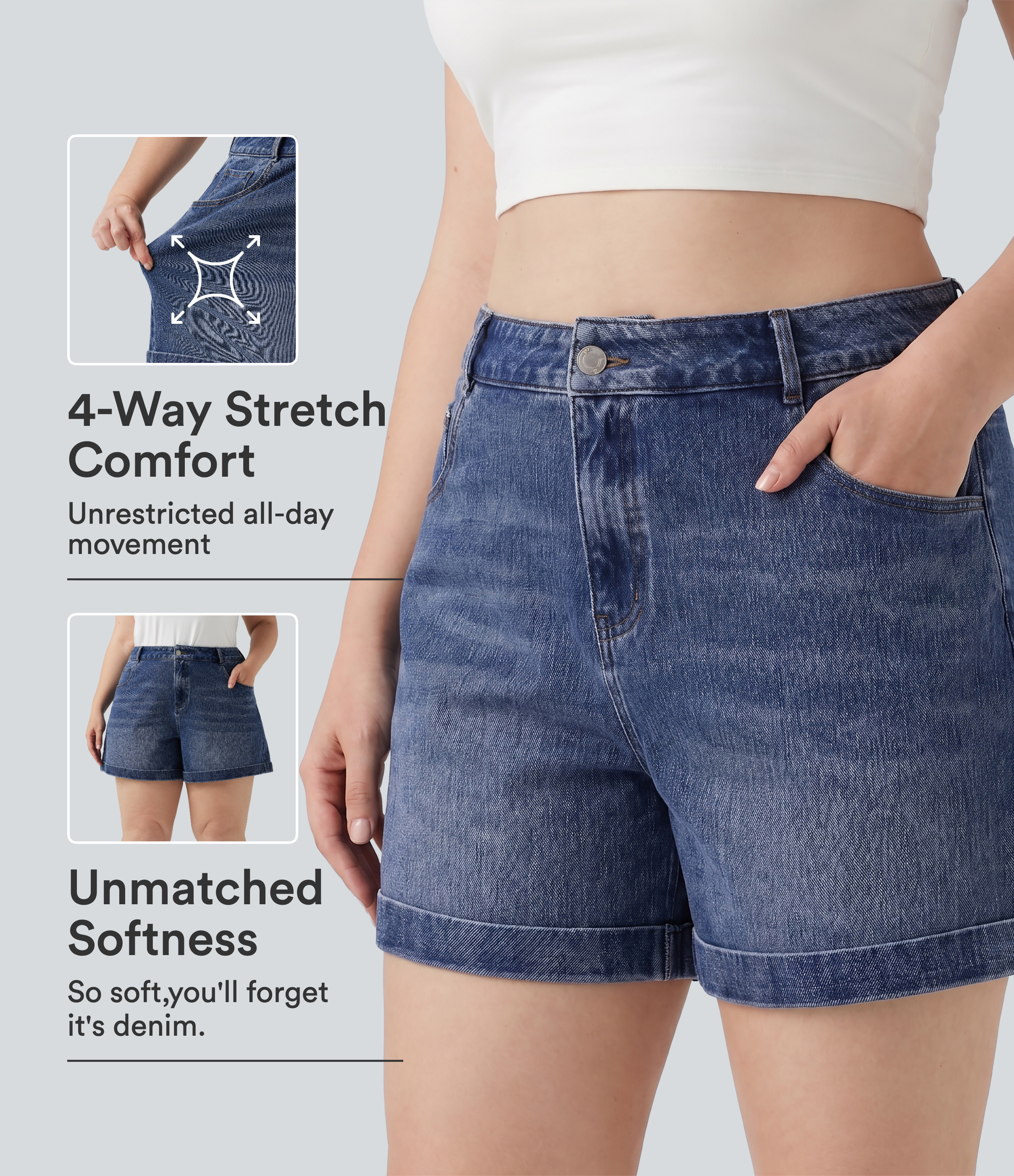 Plus Size Halara Flex™ Mid Rise Rolled Hem Denim Casual Shorts 5'' with Pockets