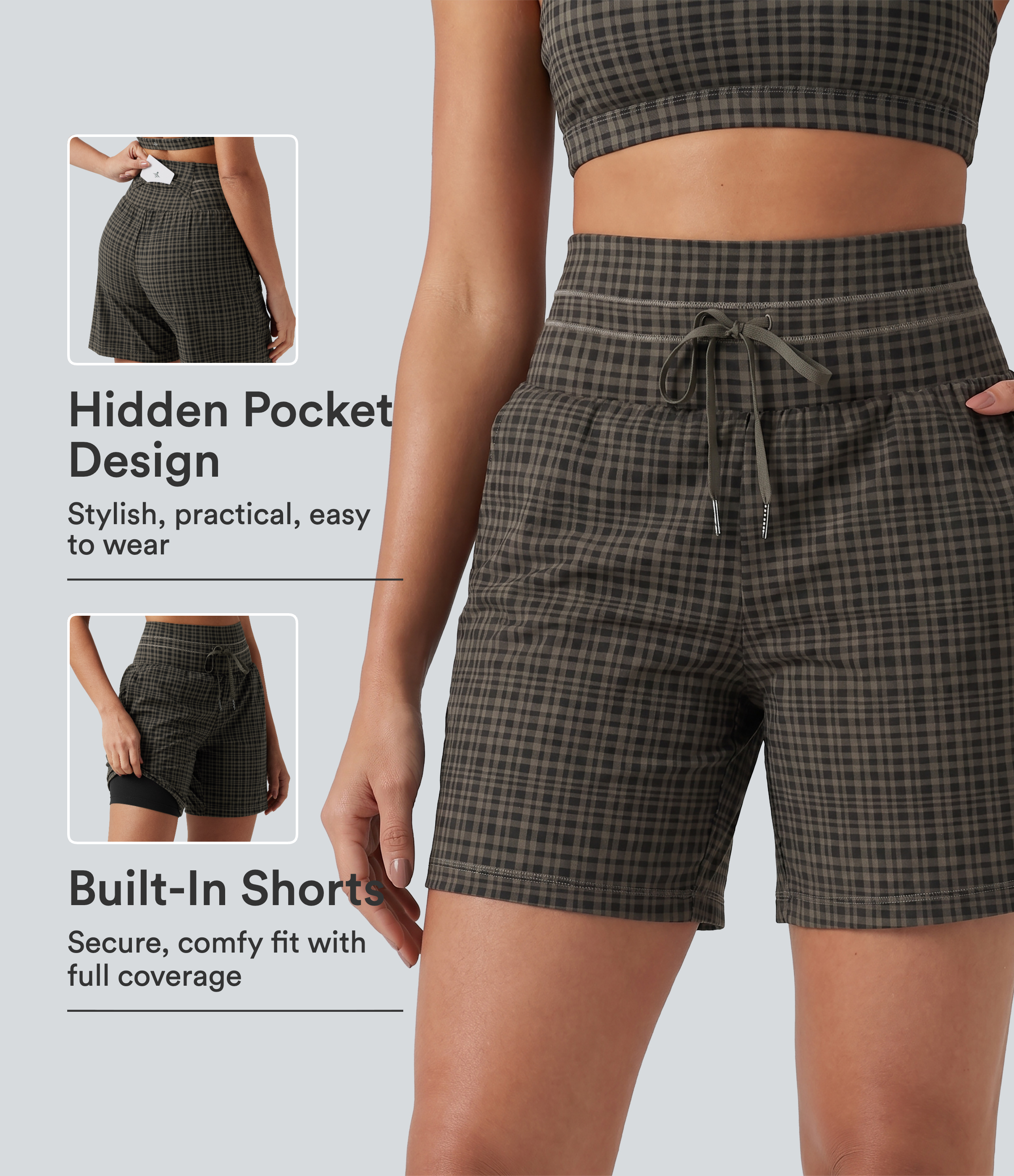 Halara UltraSculpt™ Plaid Ultra High-Waist Drawstring 2-in-1 Yoga Shorts 7" with Pockets