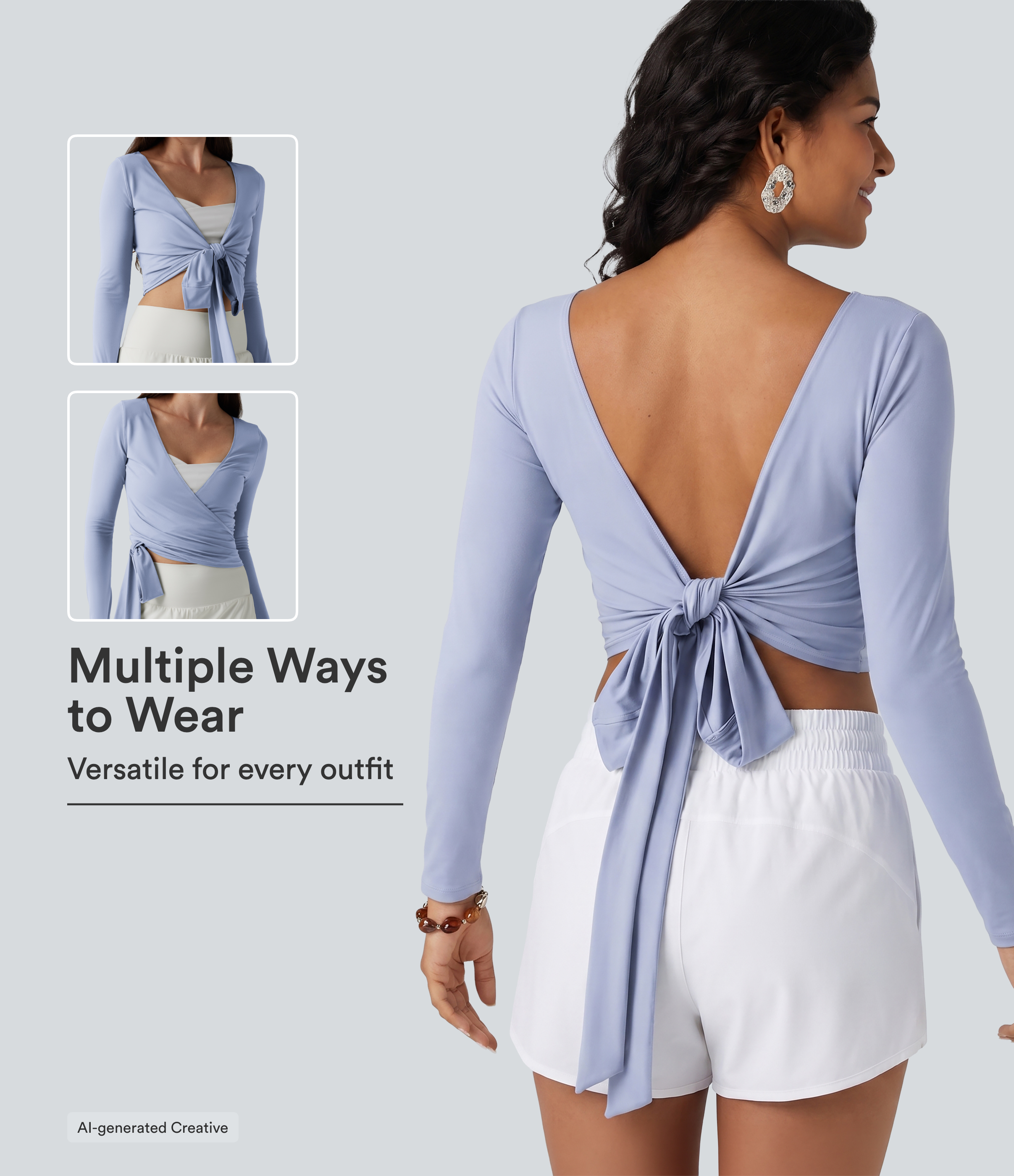 SoftlyZero™ Top casual de manga larga con agujeros para el pulgar, cruzado con lazo - UPF50+