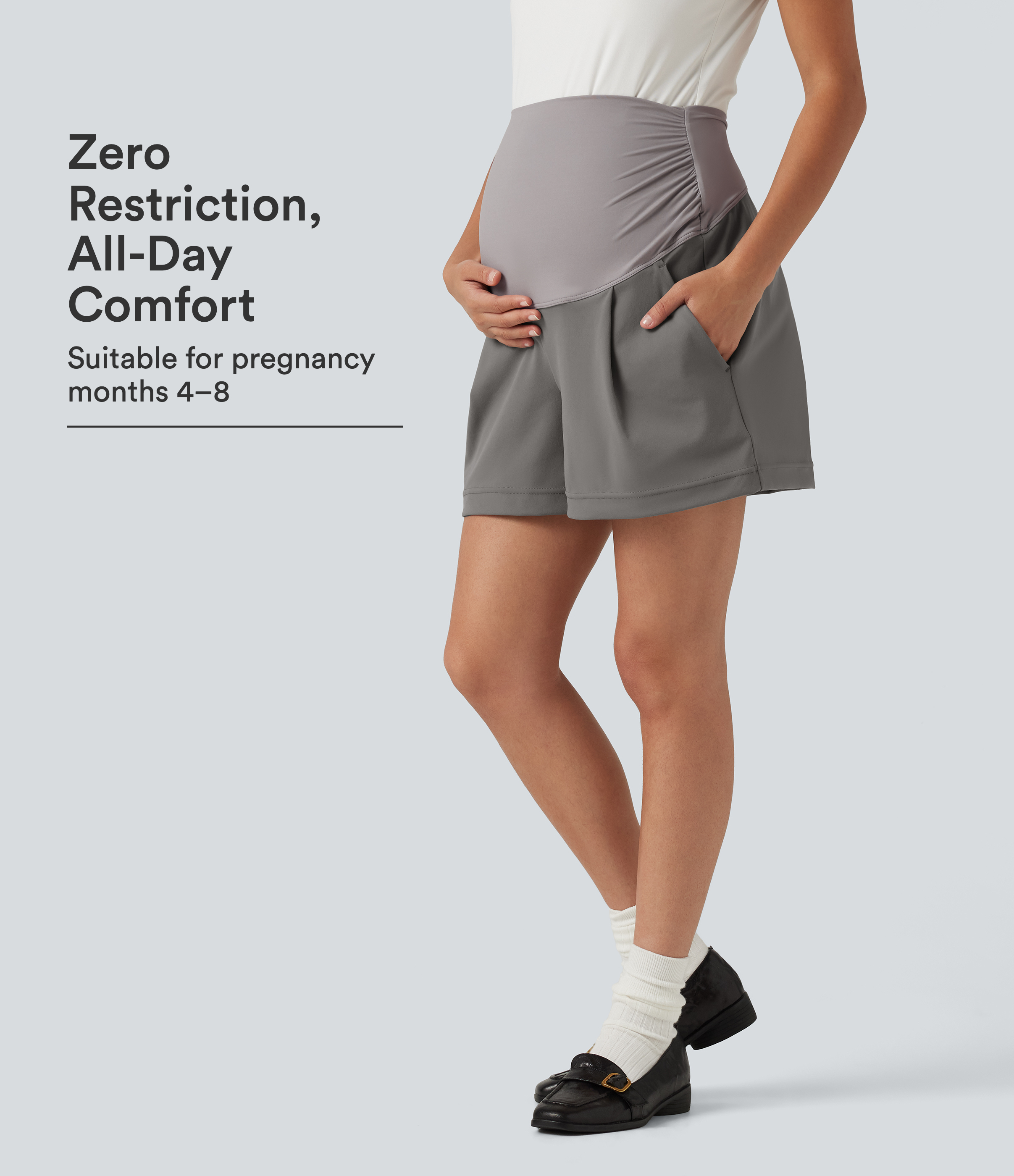 DayStretch Super High Waisted Ruched Work Bagyy Maternity Shorts 4'' with Pockets
