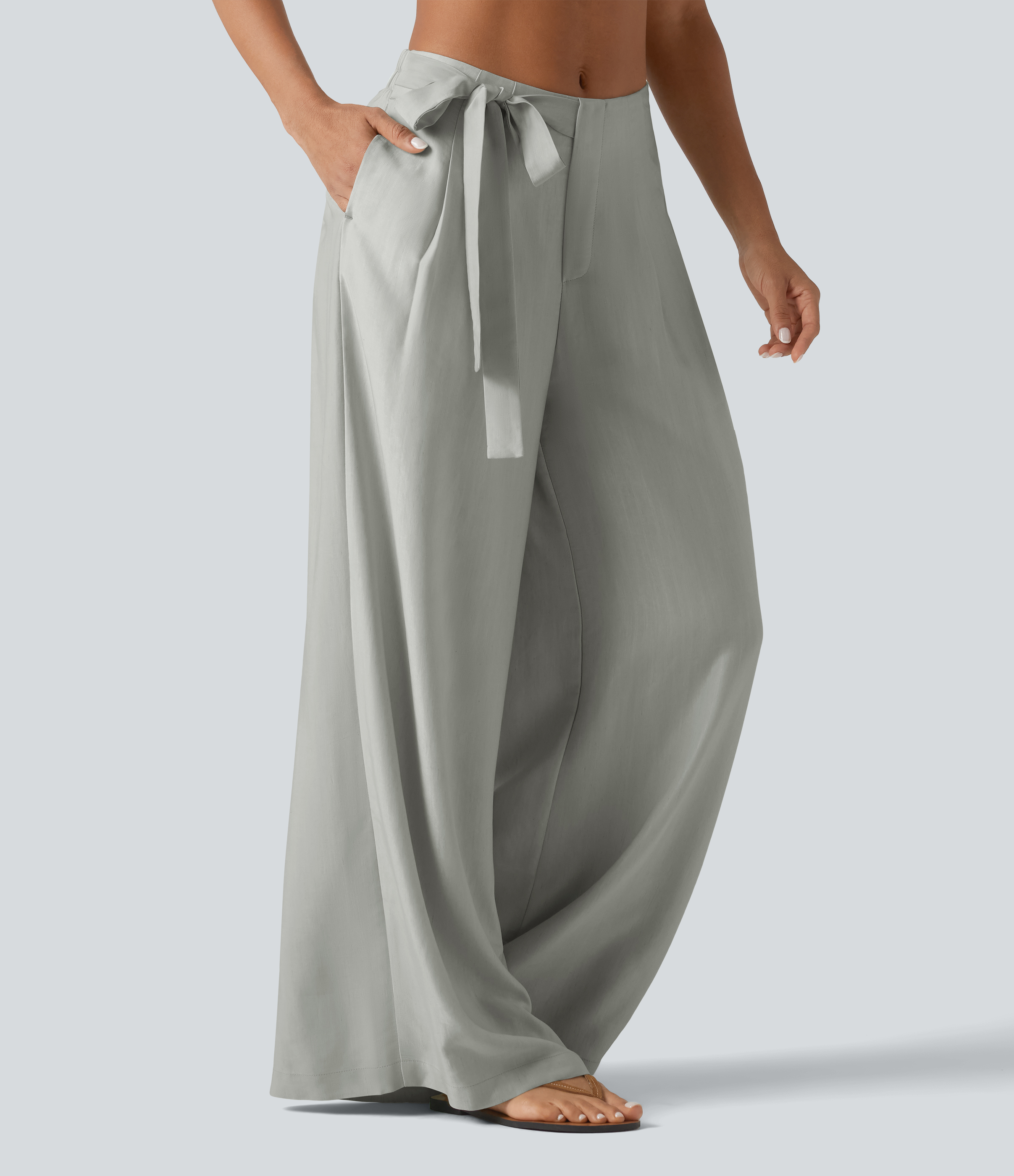 High Waisted Tie Side Baggy Linen-Blend Pants with Pockets