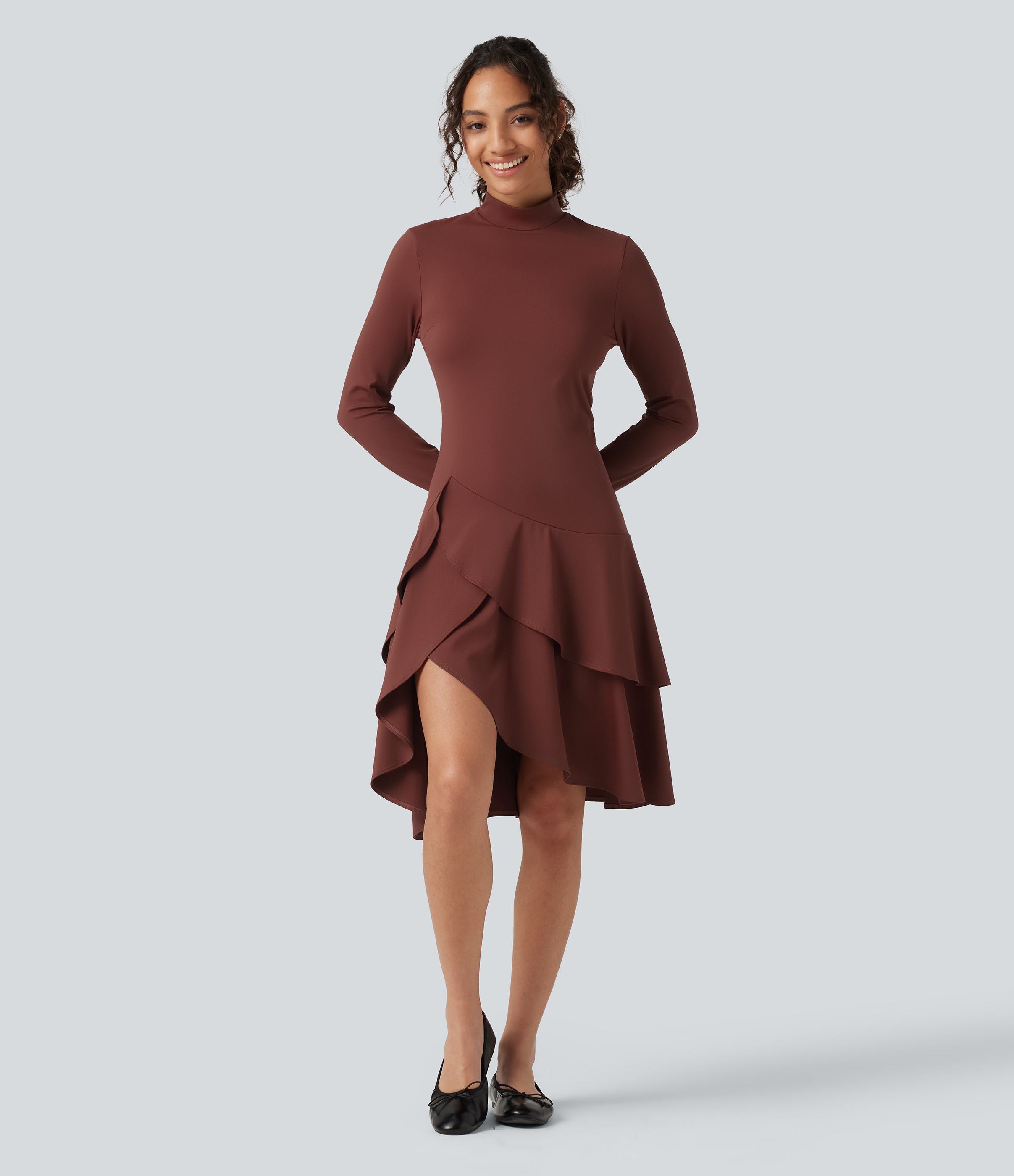 SoftlyZero™ Airy Mock Neck Long Sleeve Layered Ruffle Hem InstantCool Midi Casual Dress