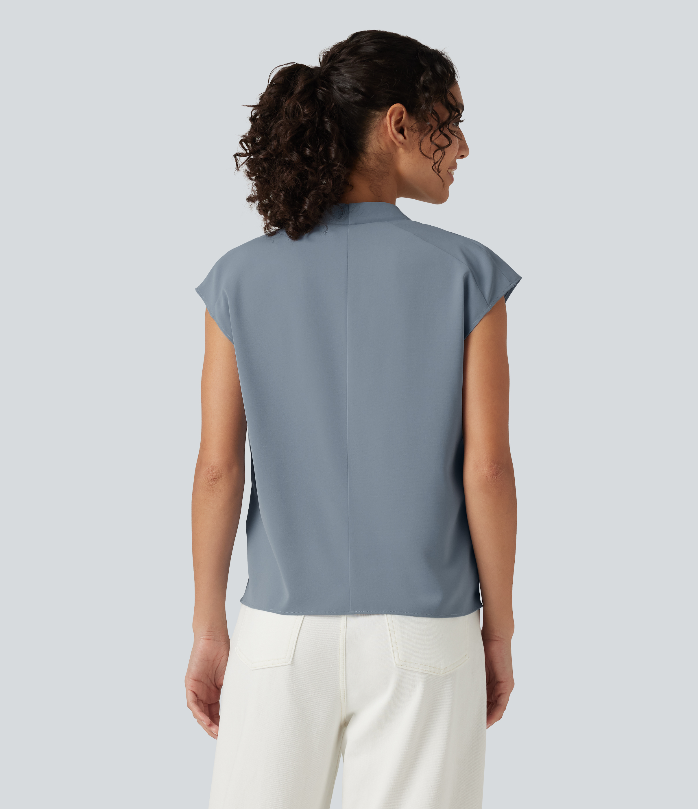 Mountain Spring Wrinkle Recovery V Neck Sleeveless Ruched Boxy Casual Blouse / 2