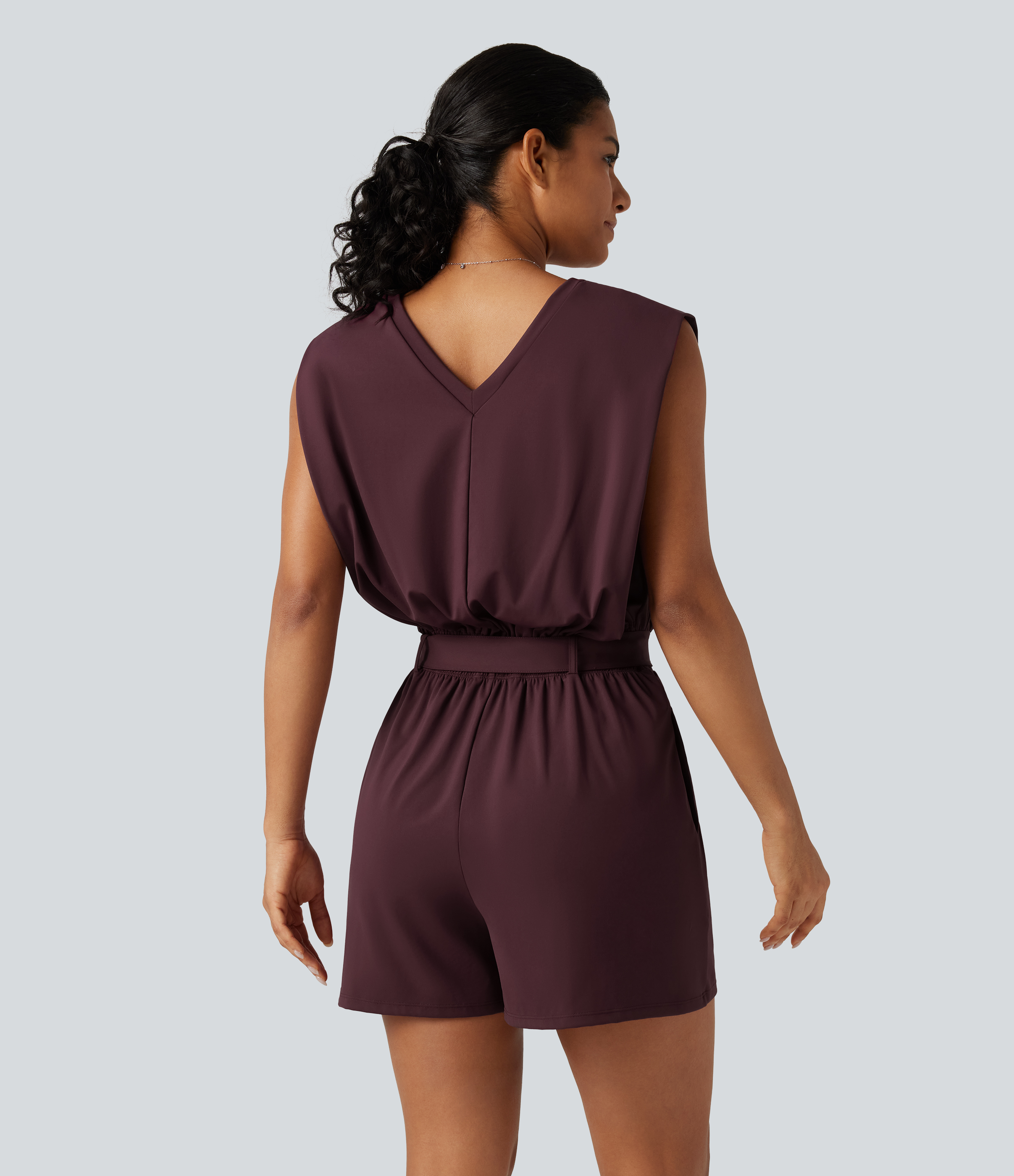 Berry Red SoftlyZero™ Airy V Neck Sleeveless Belted InstantCool Casual Playsuit with Pockets-Easy Peezy Edition / 2
