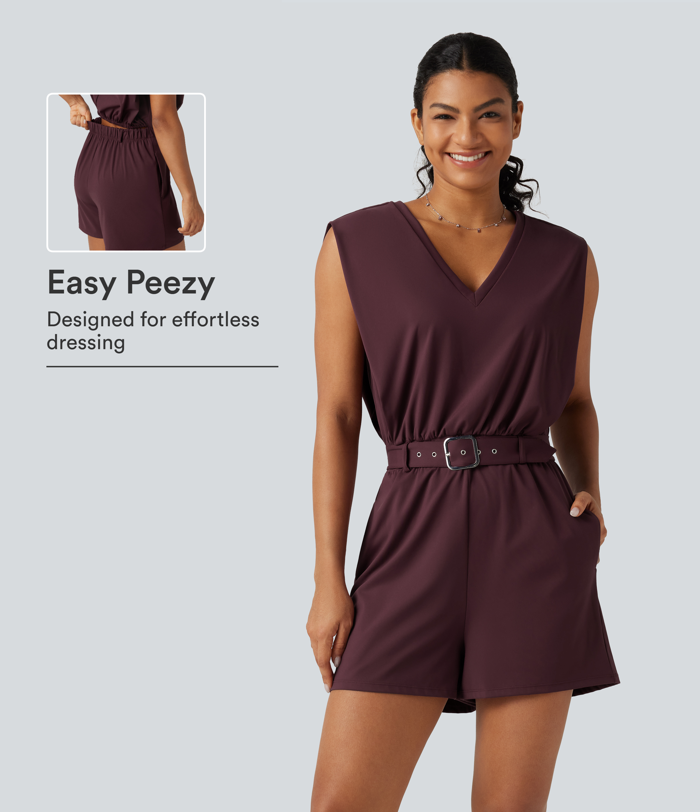 SoftlyZero™ Airy V Neck Sleeveless Belted InstantCool Casual Romper with Pockets-Easy Peezy Edition-UPF50+