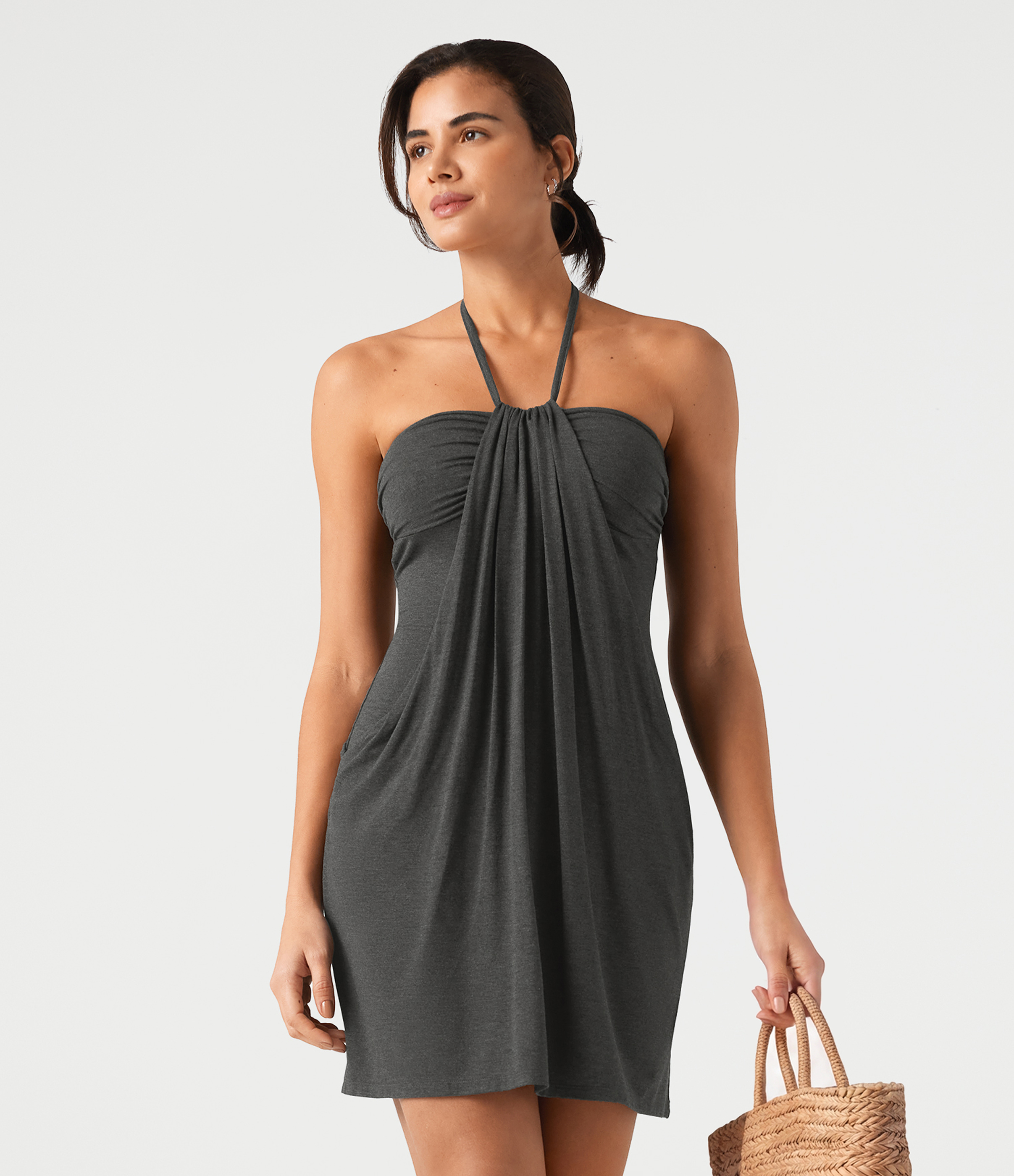 Minikleid mit Neckholder, Seitentaschen und Bindebändern hinten